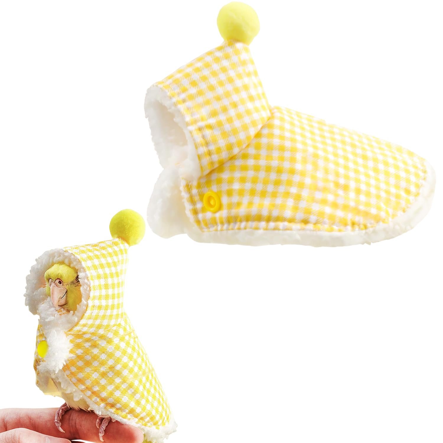 Flavizo Parrot Winter Clothes, L Size Light Yellow Plush Cloak with Snap Buttons & Hood | Ultra-Soft Warm Bird Coat for Conur
