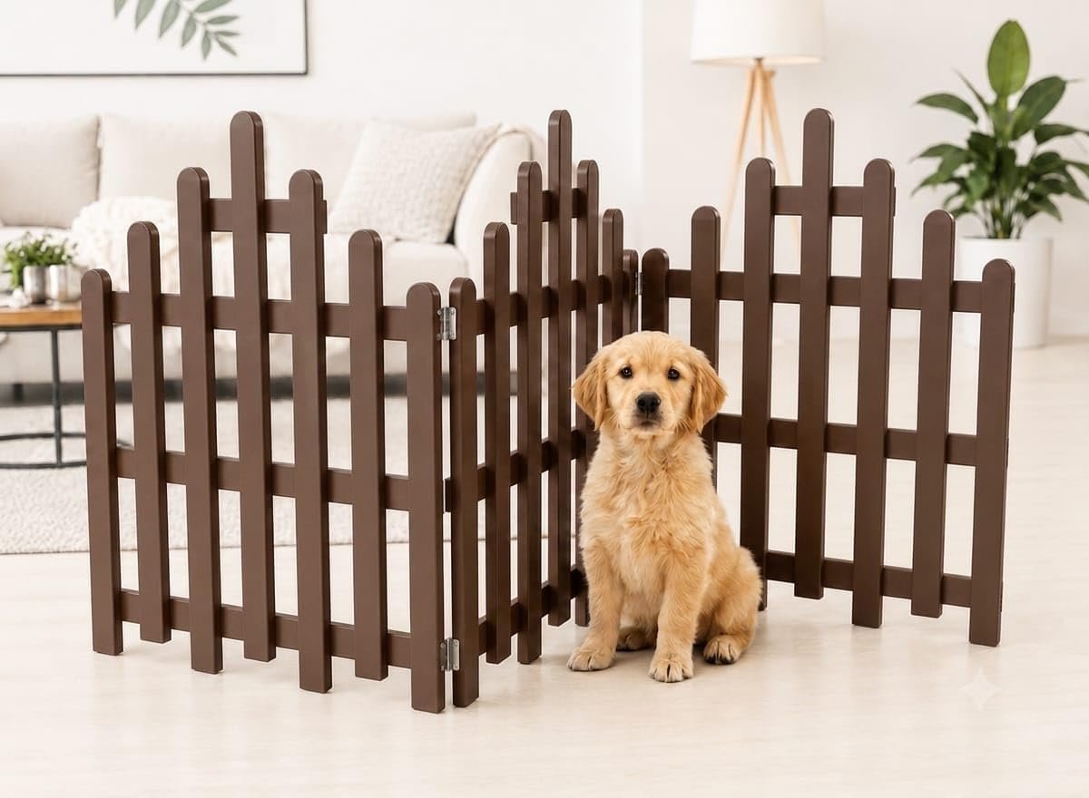 Foldable Wooden Pet Safety Fence Gate for Dogs & Puppies | Freestanding Room Divider & Partition Gate | Indoor Pet Barrier fo