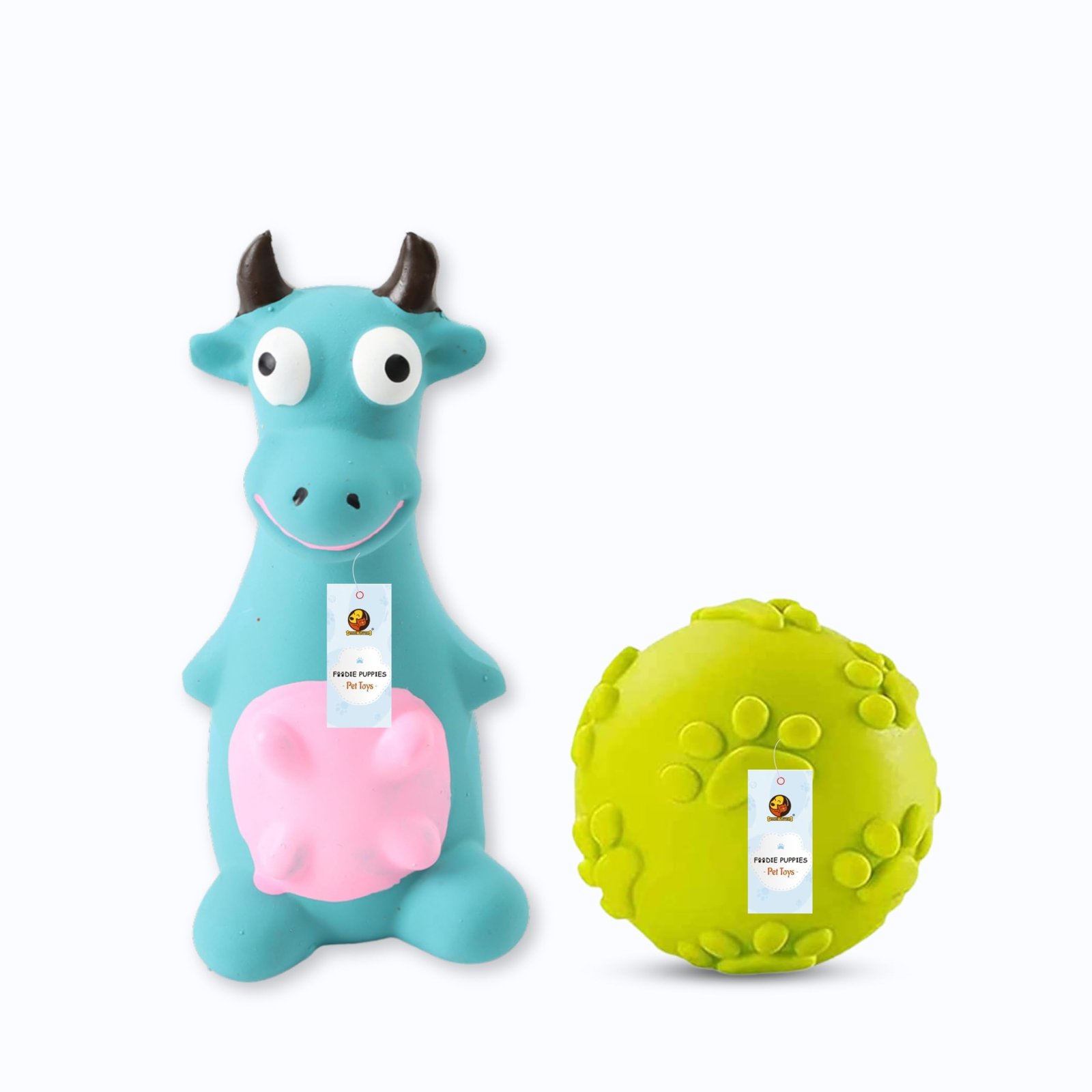 Foodie Puppies 2in1 Combo of Latex Squeaky Sound Chew Toy - (Blue Bull and Claw Ball) for Small Dogs & Puppies | Interactive