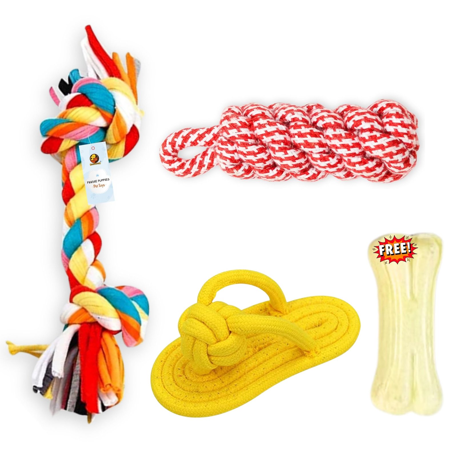 Foodie Puppies 4-in-1 Dog Chew Cotton Rope Combo Toy for Dogs (2 Knot Rope, Corn Stick, Slipper with Free 3-Inch Bone) for Pl