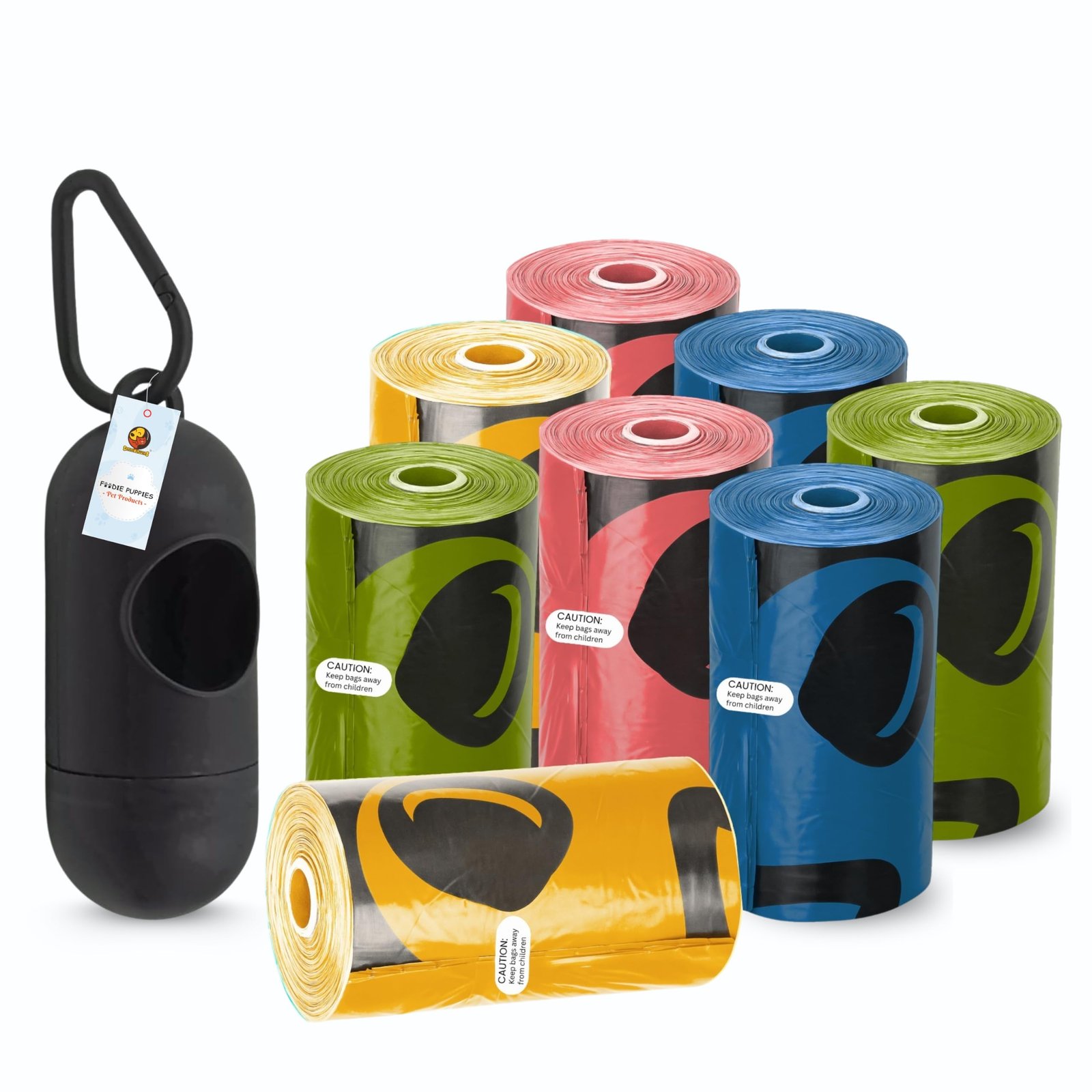 Foodie Puppies 9 Micron Biodegradable Thick Dog Poop Bags with Dispenser 120 Bags (8 Rolls x 15 Bags Each Roll) Leak-Proof, E
