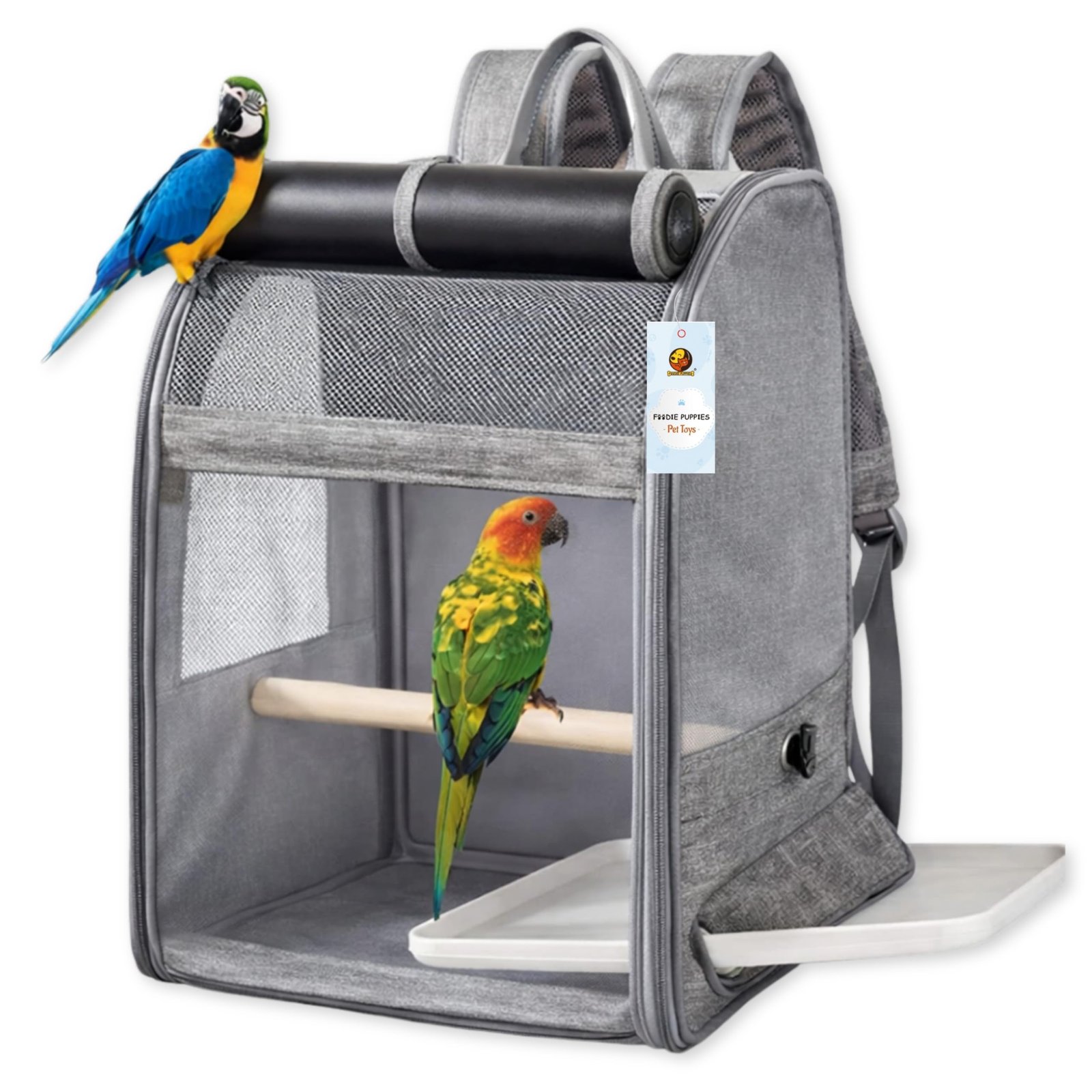 Foodie Puppies Bird Travel Carrier Backpack Bag with Wooden Perch and Tray - (Grey), (37x30x24cm) | Airline Approved, Ventila