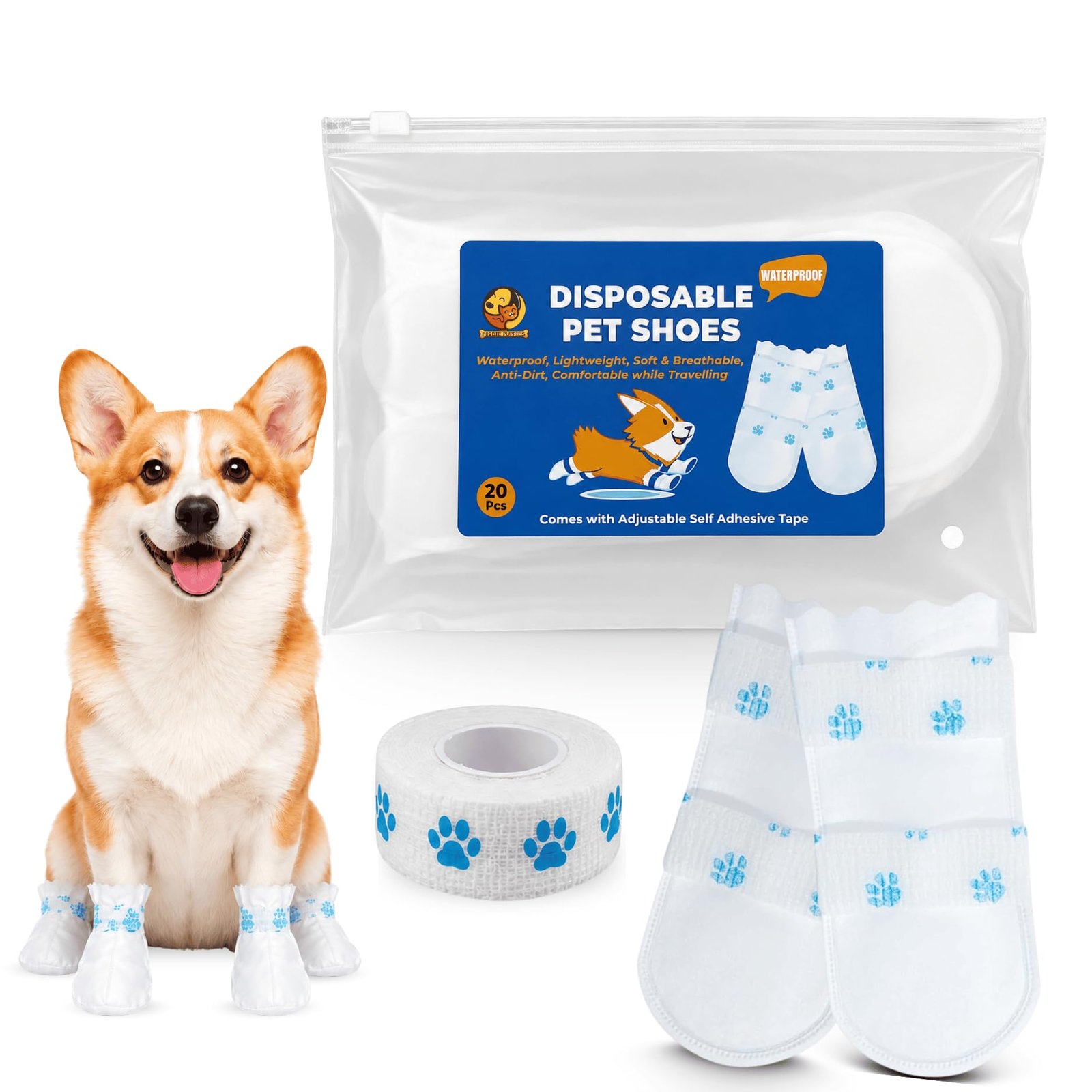 Foodie Puppies Disposable Pet Shoes for Dogs - 20 Pcs | Waterproof & Breathable Pet Booties | Anti-Dirt Paw Protectors with A