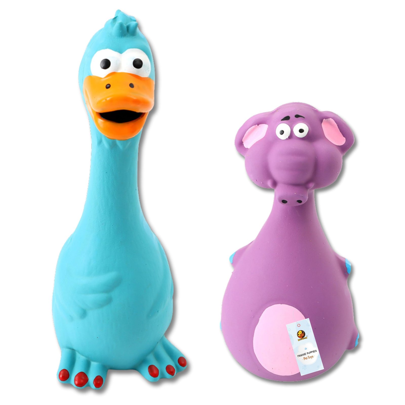 Foodie Puppies Latex Squeaky Dog Toys Combo - (Purple Elephant and Blue Duck) Animal Design, Fetch & Chew Safe Play Toy | Sui