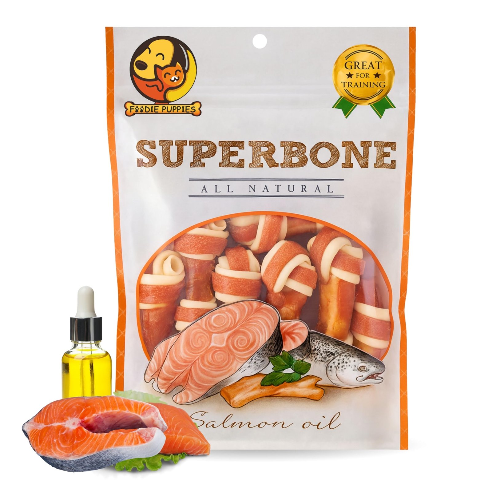 Foodie Puppies Superbone All Natural Chicken Knotted Dog Treat, 7 in 1 (Salmon Oil, Pack of 1) | Highly-Digestible Training C