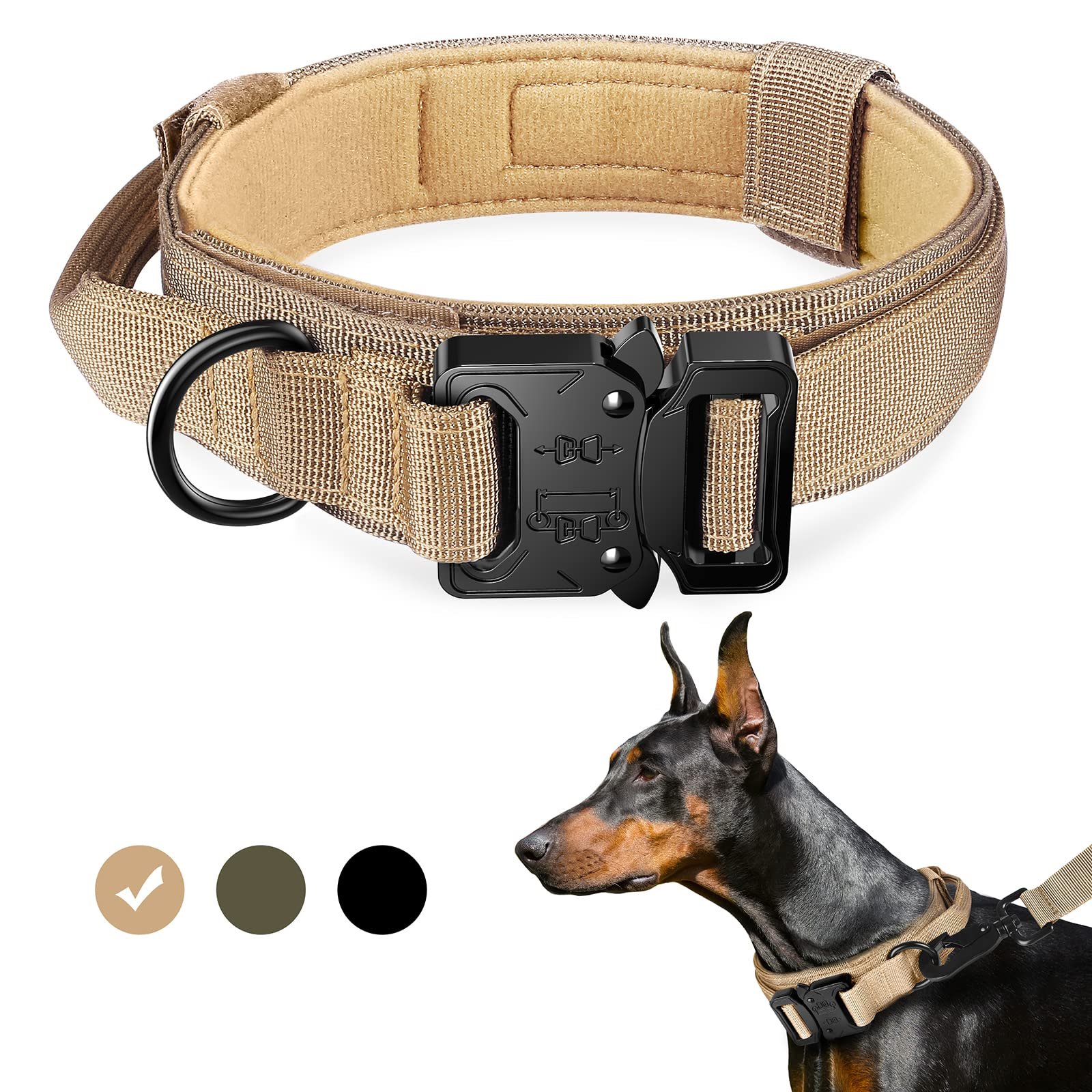 FYA Tactical Military Dog Collar, Adjustable Training Nylon With Control Handle and Heavy Metal Buckle for Medium and Large D