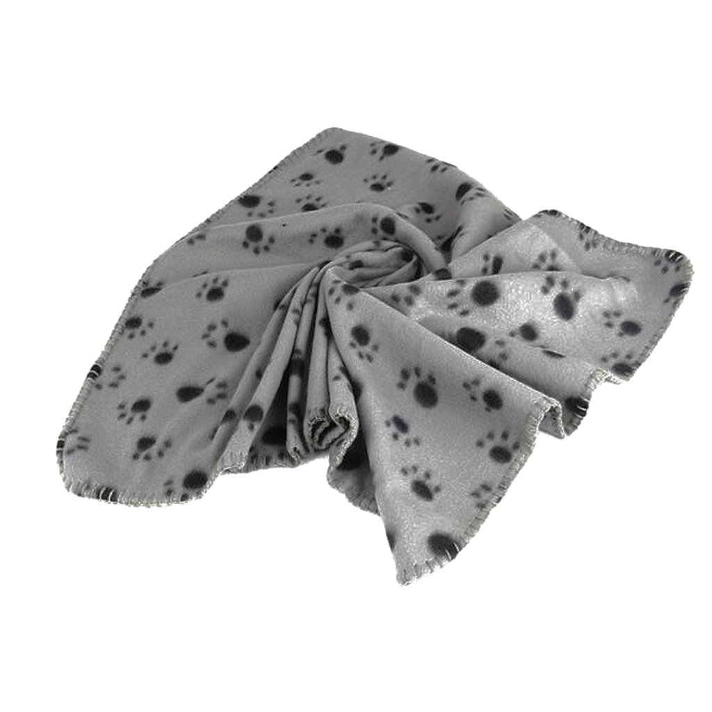 Generic Warm Gray Fleece Blanket Pet Dog Paw Print Pattern Soft Bed Mat--M