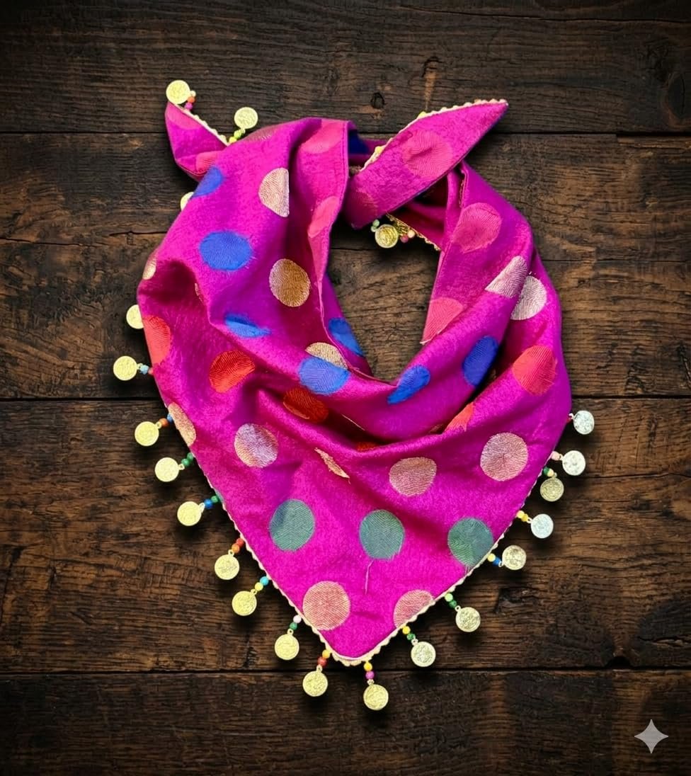 Golden Tails Dog Bandana, Hot Pink, Multicolour Polka Dot with Gold Coin Fringe, Free Size, Fits All Breeds