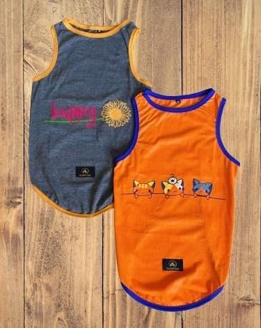 Golden Tails Summer Dog T-Shirts Printed Round Neck Sleeveless Sando Vest Tank Tees Tshirt for Dogs - Set of 2 T-Shirts (Medi