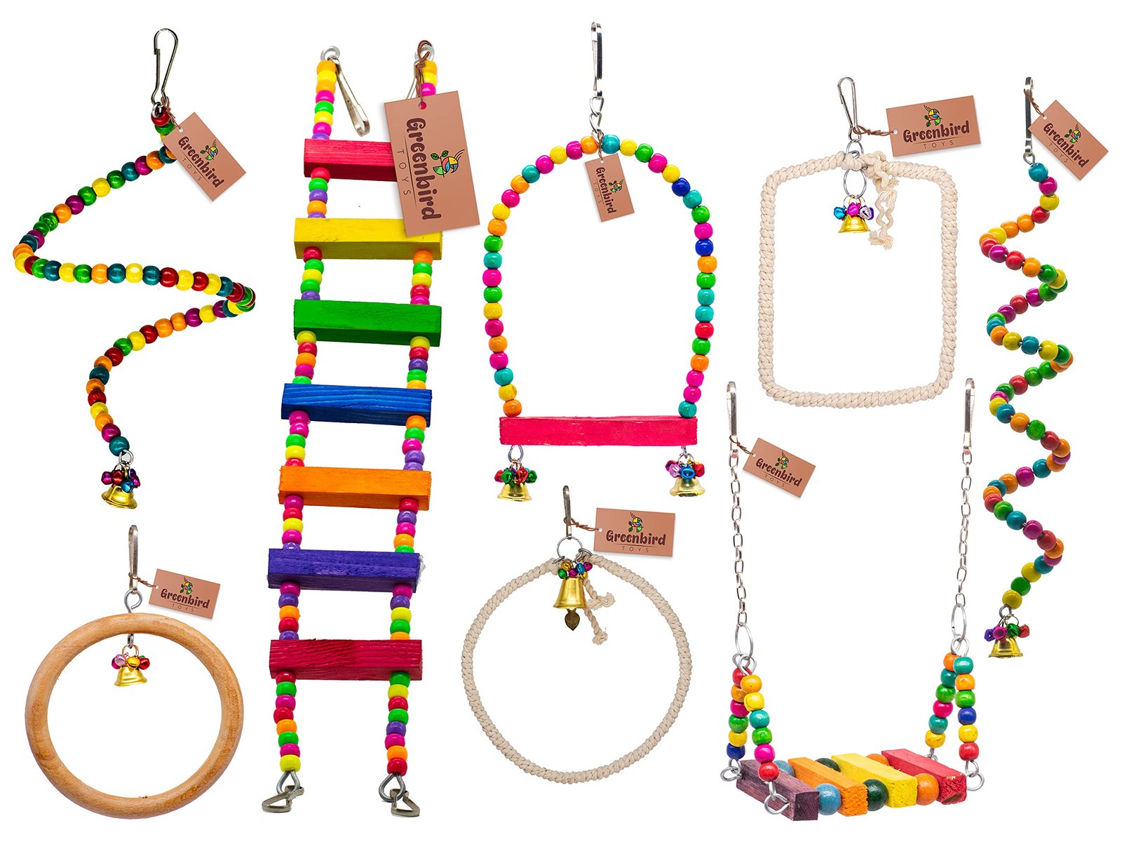 GREENBIRDS 8 Pcs Combo of Bird Toys Wooden Colorfull Bird Ladder, Swing, Bird Perches for Budgies, Love Birds, African Grey P