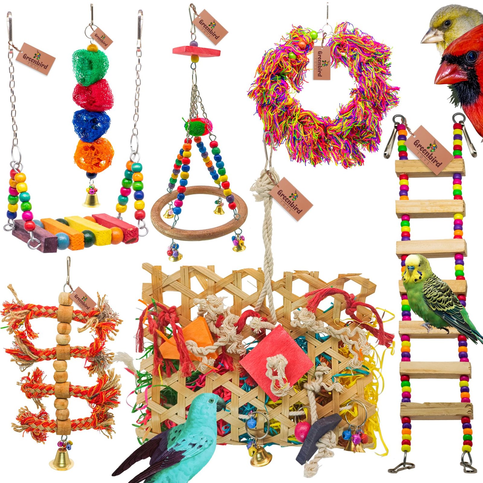 GREENBIRDS Bundle of 7 Bird Chew Toys and Cage Hanging Accessories | Featuring Chew Toy Ladder, Swing, and Engaging Enrichmen