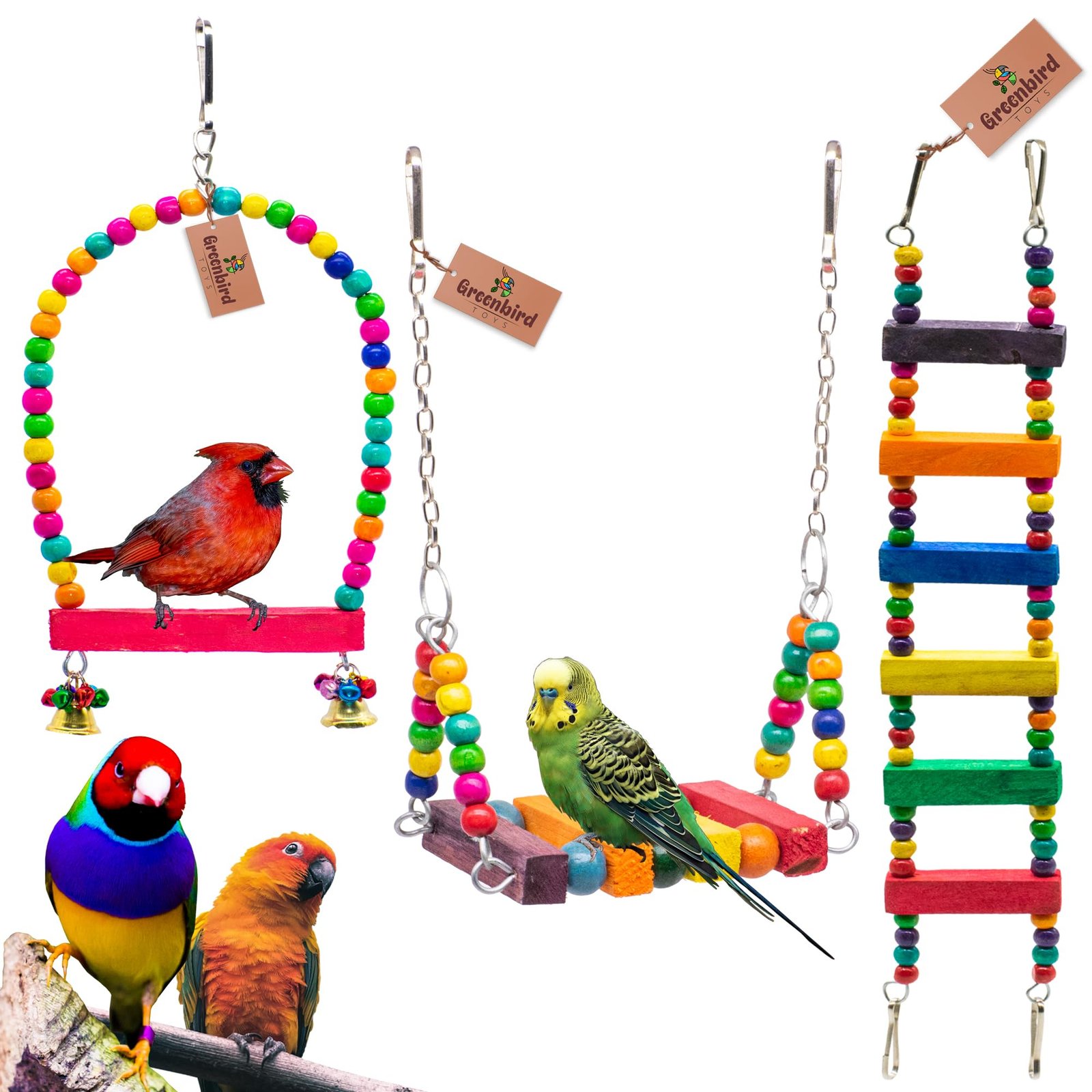 GREENBIRDS Toys Combo of 3 Pcs Include Colorful Wooden Swing, Bird Ladder, Perches Hanging Bird Toys, Parrot Toys Cage Access