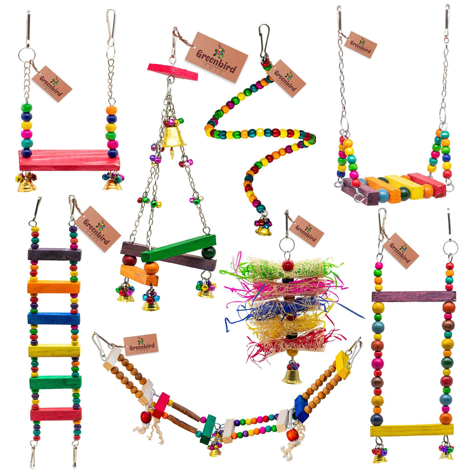 GREENBIRDS Toys Combo Pack of 8 Bird Toys Swing Ladder Perches Playful & Interactive Chewable Cage Toy Hanging Training Aid f