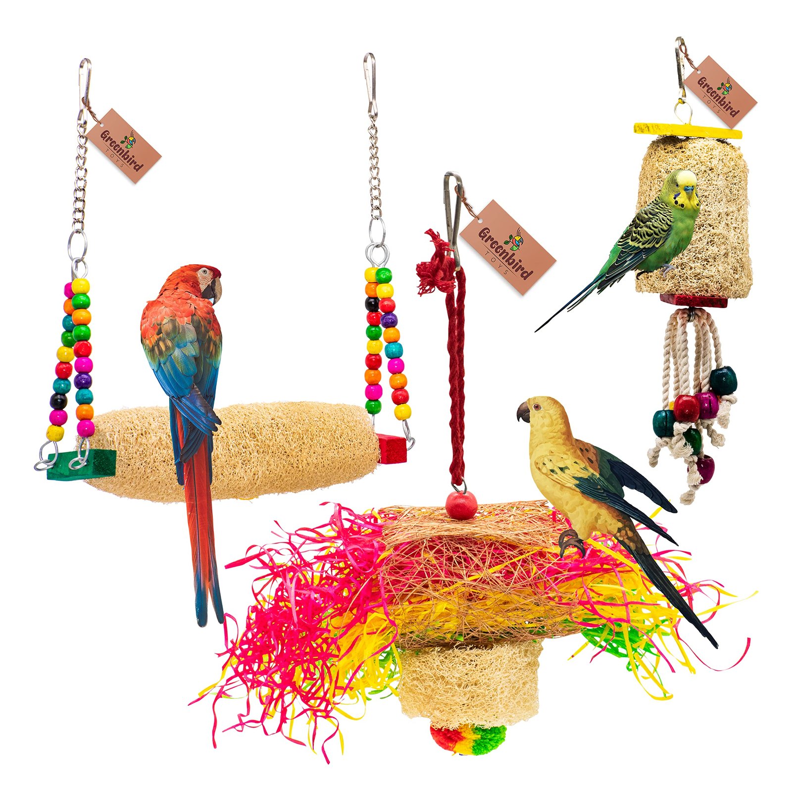 GREENBIRDS TOYS Pack Of 3 Pcs Include Paper Shredded Foraging Chew Toy, Mesh Swing, Cage Hangings Accessories Birds Toys Natu