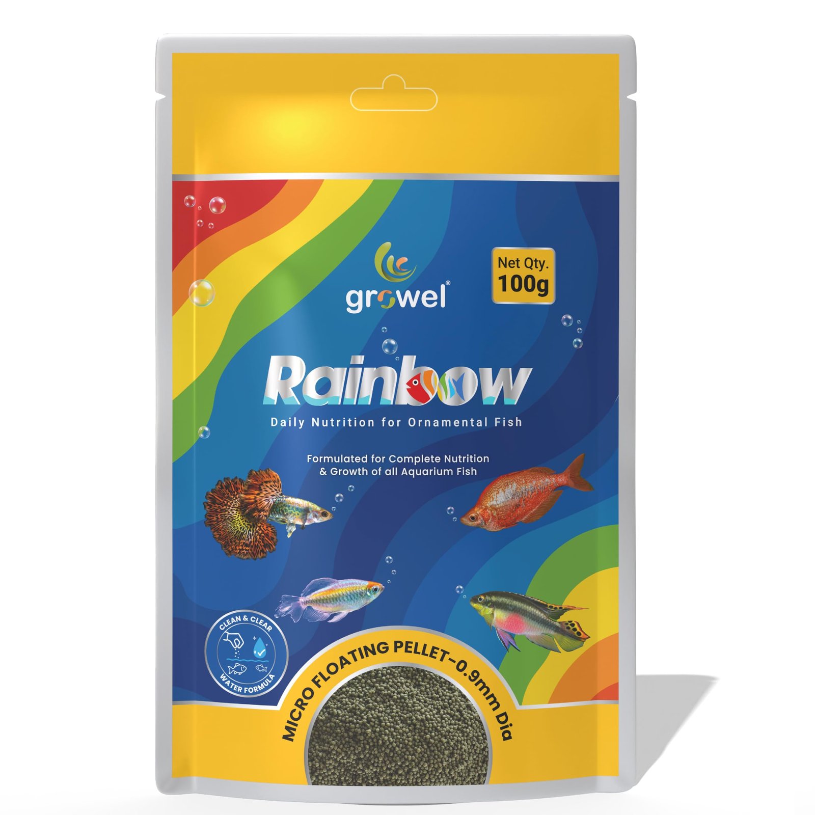 Growel Rainbow, Micro Floating Fish Food Pellets 100g | 0.9mm Pellet Size | Highly Digestible & Nutritious Fish Feed for All
