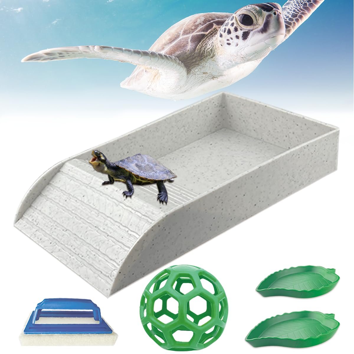 GSYUWIH 5 Pcs Tortoise Water Dish Set,Gray Tortoise Water Dish with Ramp and Turtle Water Bowl,Turtle Feeder Ball,Scrub Brush