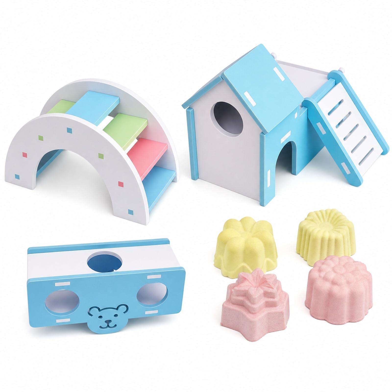 Hamster Toys, 4PCS Hamster Cage Accessories Set with House and Bridge | Small Rodent Pet Toys, Hamster House and Rainbow Brid