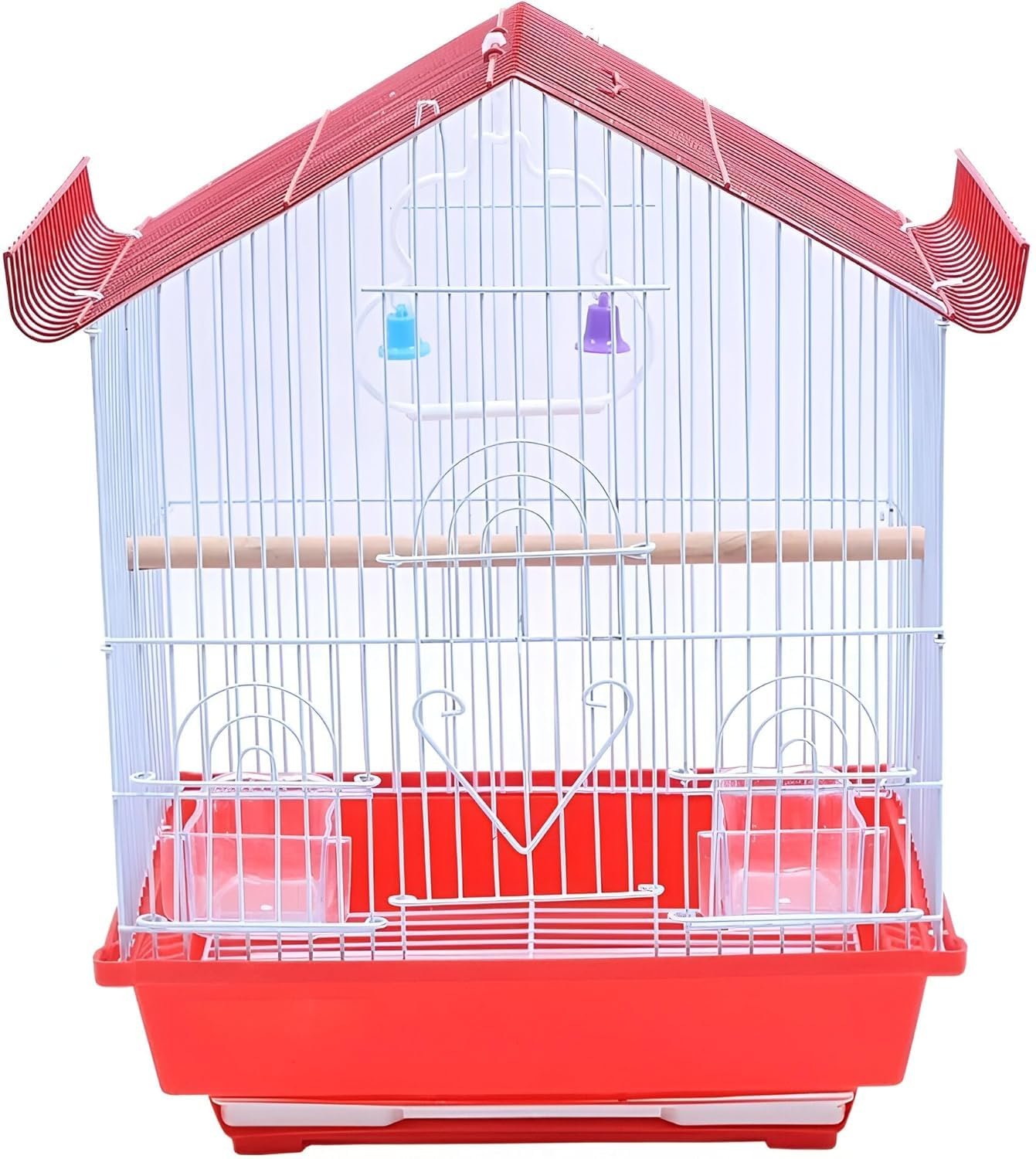 House Shape Metal Bird Cage with Removable Tray & Feeding Cups – Portable Wire Cage for Budgies, Lovebirds, Finches, Canaries