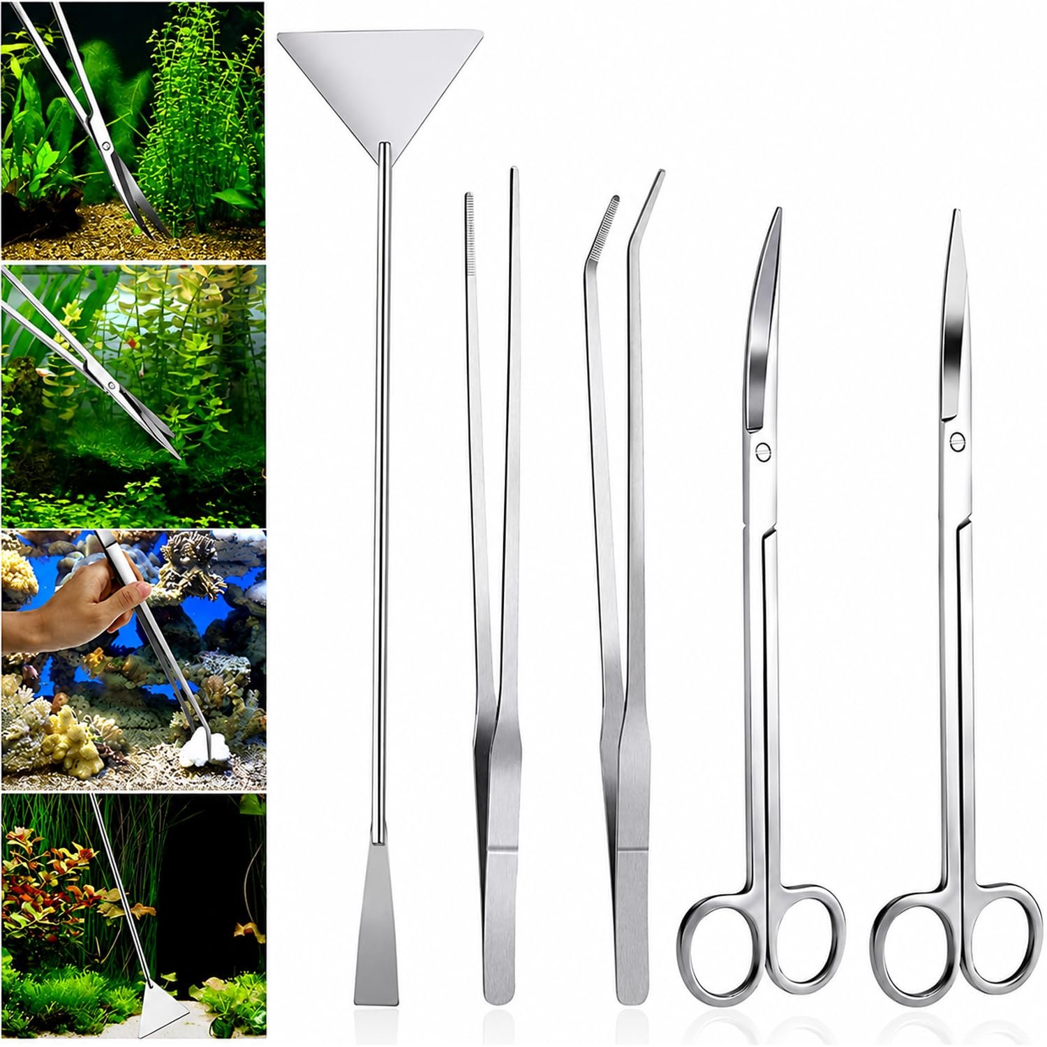 Jainsons Pet Products Stainless Steel Aquarium Aquascaping Tool Set 5 in 1 with Tweezers, Curved & Straight Scissors, Spatula