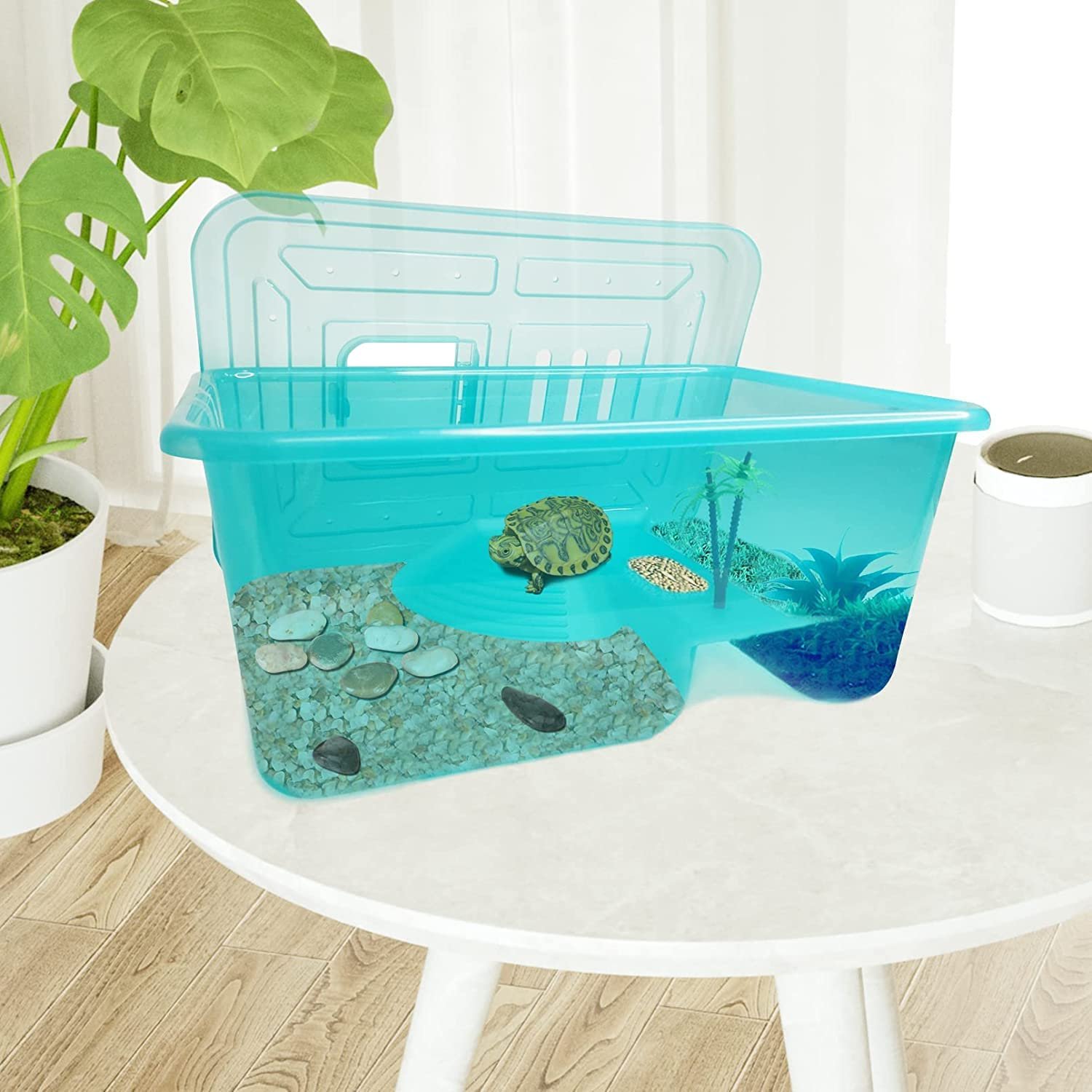 Jainsons Pet Products Turtle Tank Aquarium, Turtle Habitat Reptile Tank Plastic Terrarium Safe and Durable, Turtle Tank with