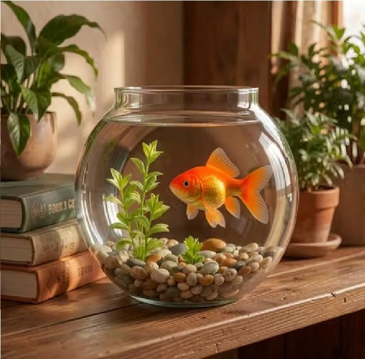 KAPDOLIYAS Glass Fish Bowl for Fish, 3.5 L, Transparent, Round, Indoor,with Free 160gram Colourful Stones
