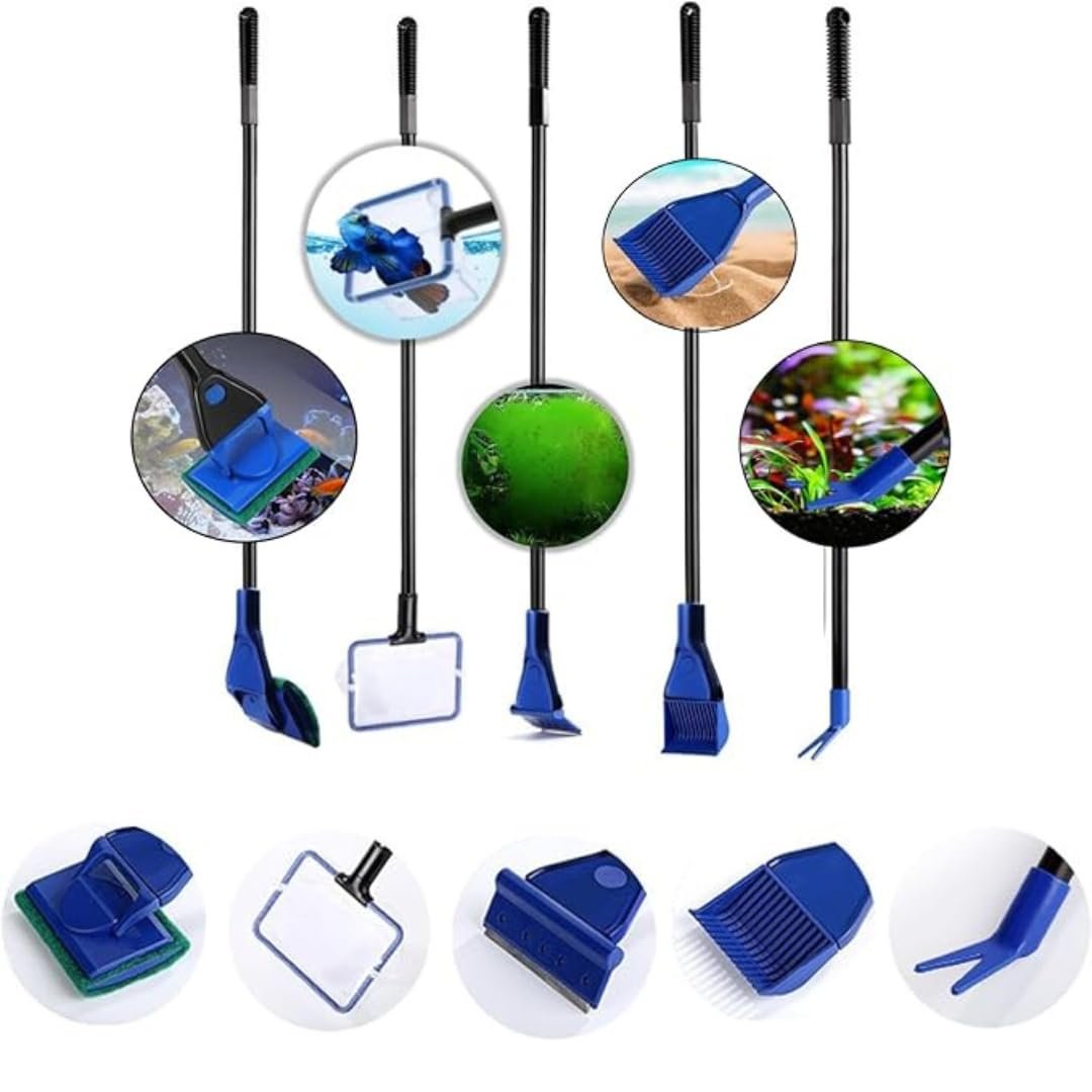 KSH STORE ® 5-in-1 Aquarium Cleaning Kit, Professional Fish Tank Maintenance Tools with 46cm Handle, Multi-Function Set with