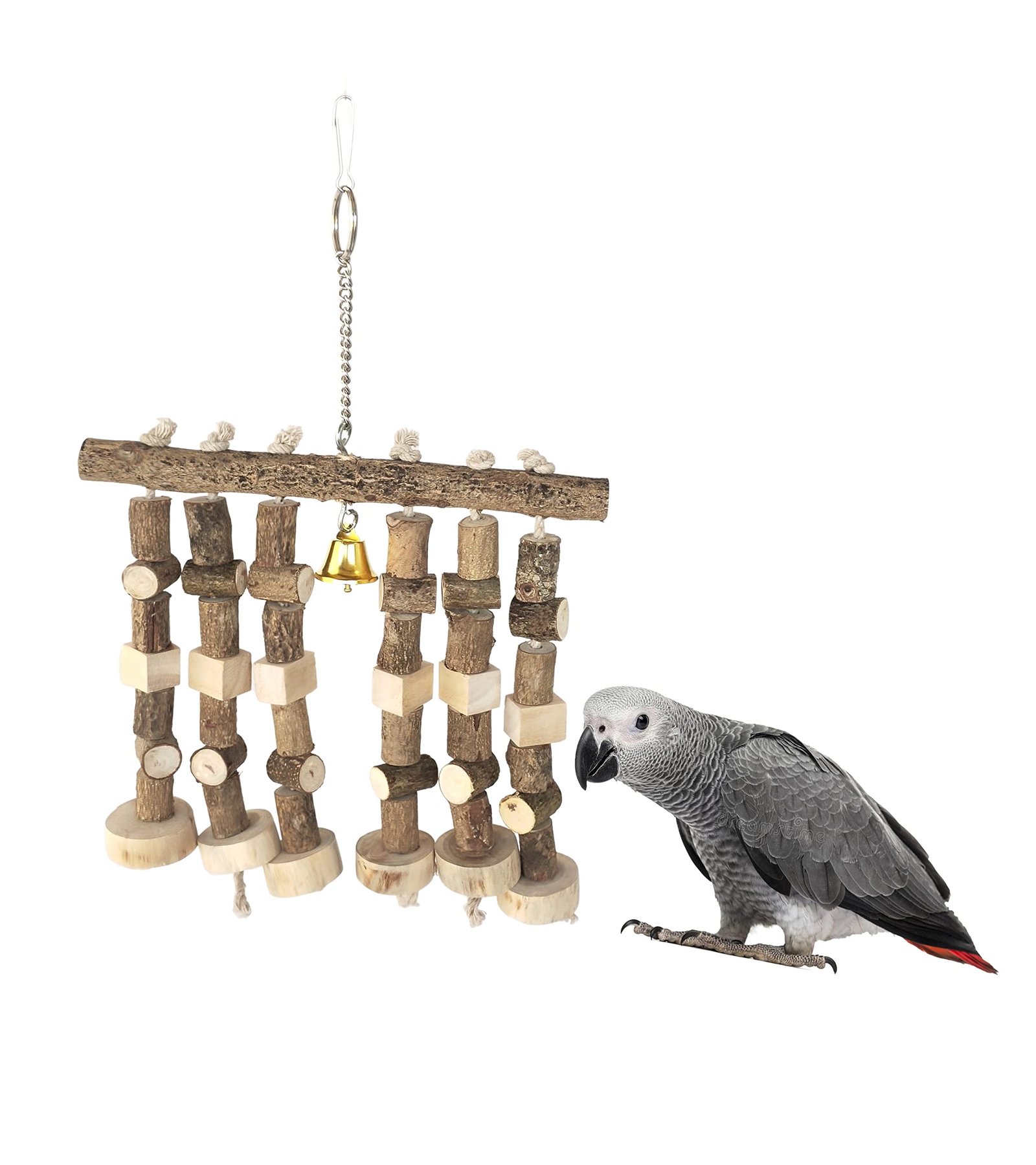 KSK 1 Pcs Parrot Chewing Toy Bird Bite Toy with Natural Wood Beeds, Natural Wooden Block Cage Toys for Macaw African Grey Coc