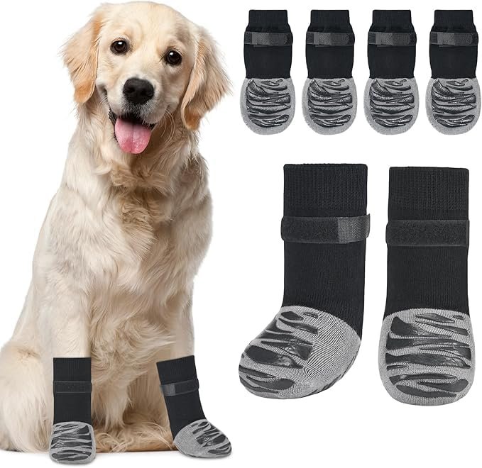 KUTKUT 4Pcs Non-Slip Dog Socks for Indoor Flooring, Grip Socks of Senior Dogs Indoor Outdoor Adjustable Pet Paw Protectors fo
