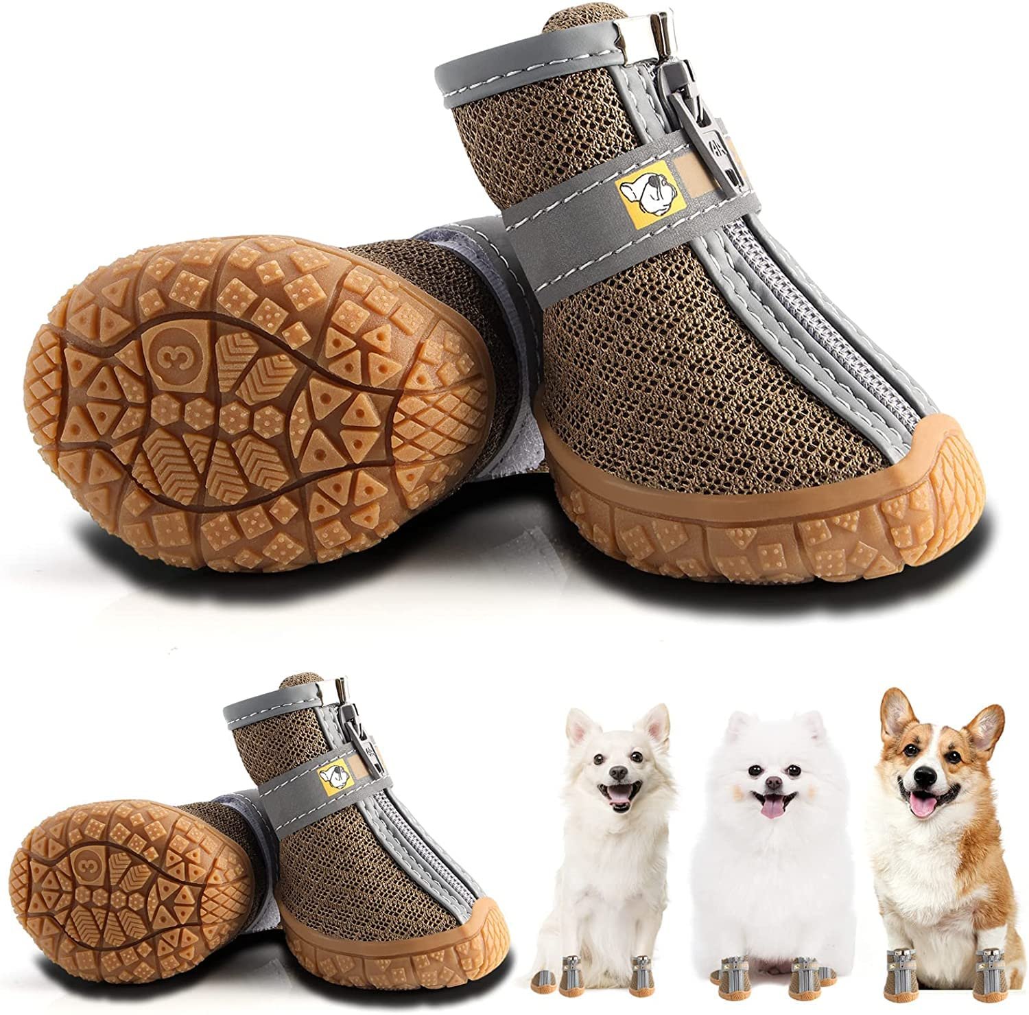KUTKUT Dog Shoes for Hardwood Floor | Breathable Dog Boots with Anti-Slip Rugged Sole | Pack of 4pcs Dog Hiking Boots with Re