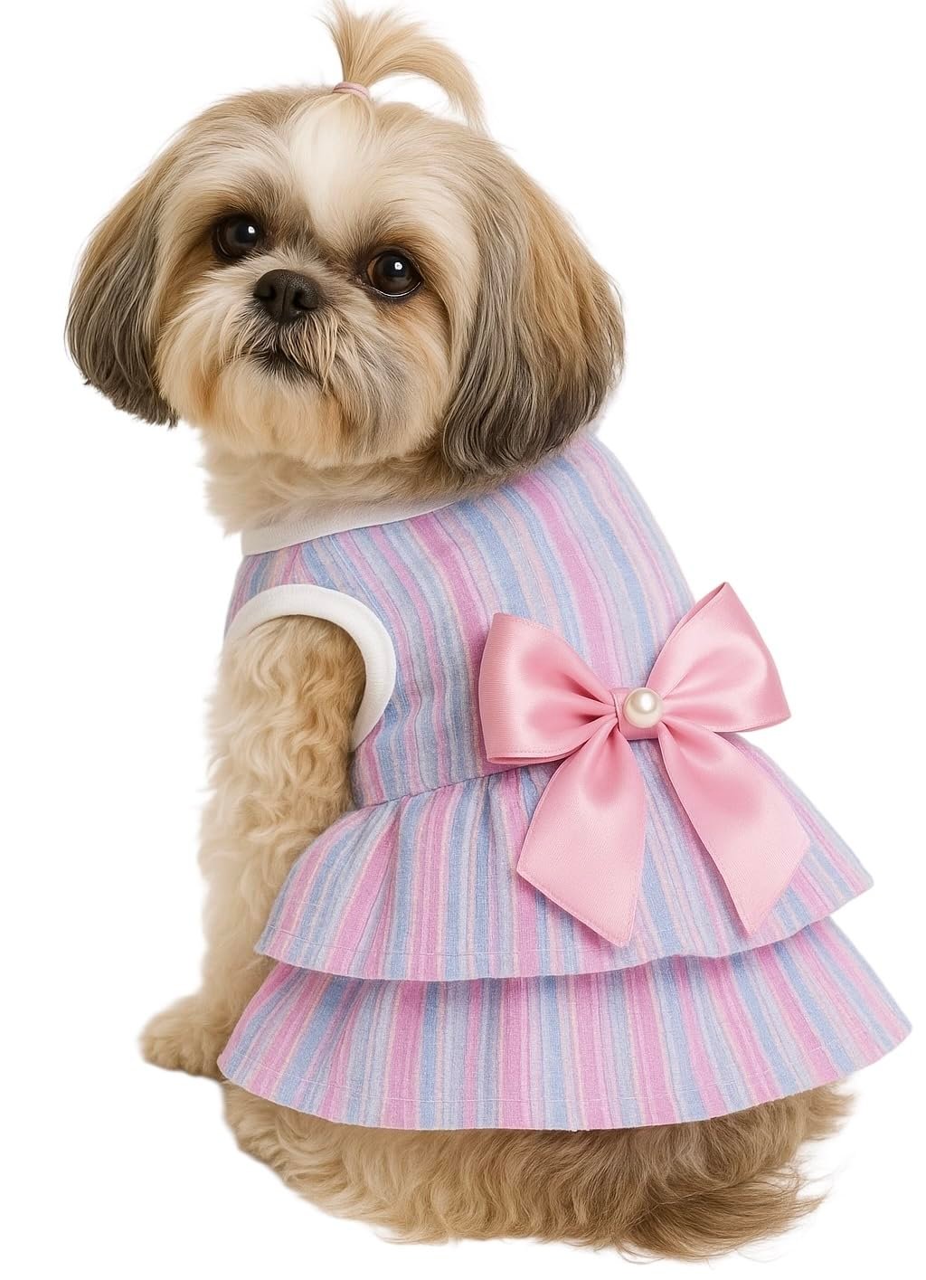 KUTKUT polycotton Small Dog Cat Girl Summer Dress Cute Bowknot Tutu Dress Striped Casual Dog Clothes Small Dogs Girl Yorkshir