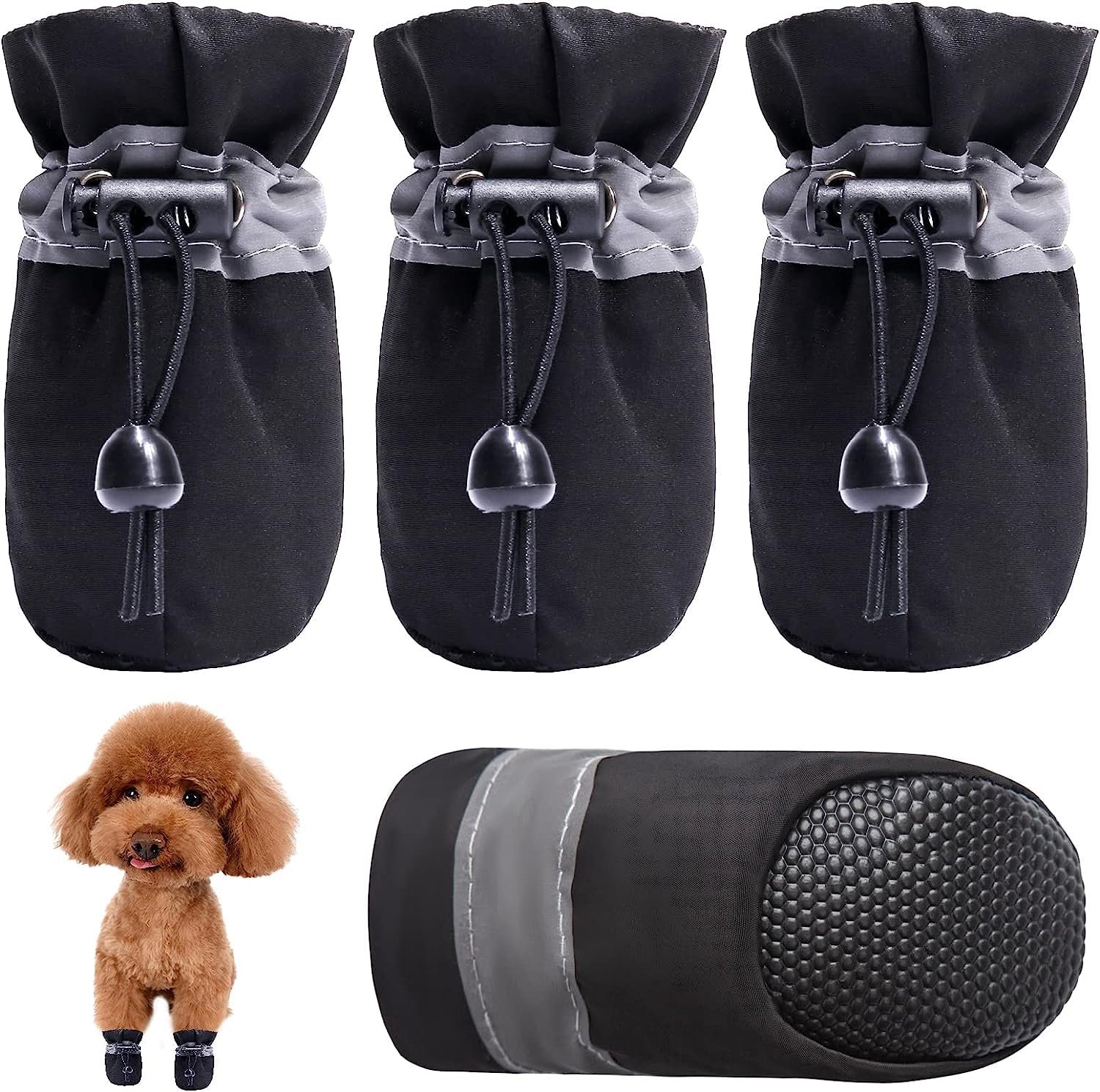 KUTKUT Small Dog Boots Paw Protector | 1 Pair Pack of 4Pcs Upgraded Anti-Slip Dog Shoes with Reflective Straps for Shihtzu, P