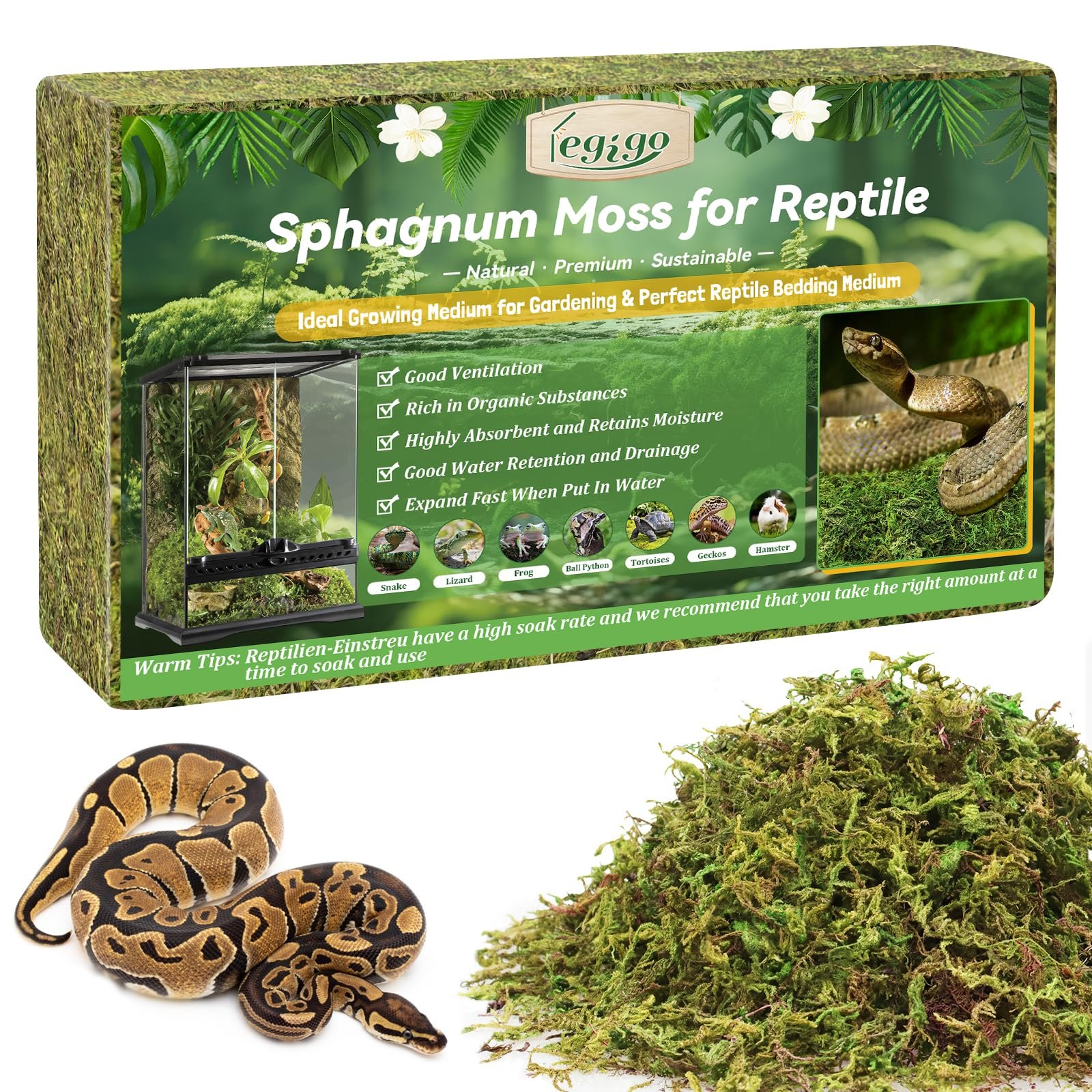 Legigo 400 g sphagnum moss for reptiles, natural reptile moss | Moisture Retaining & Breathable - For Terrariums, Wet Hideawa