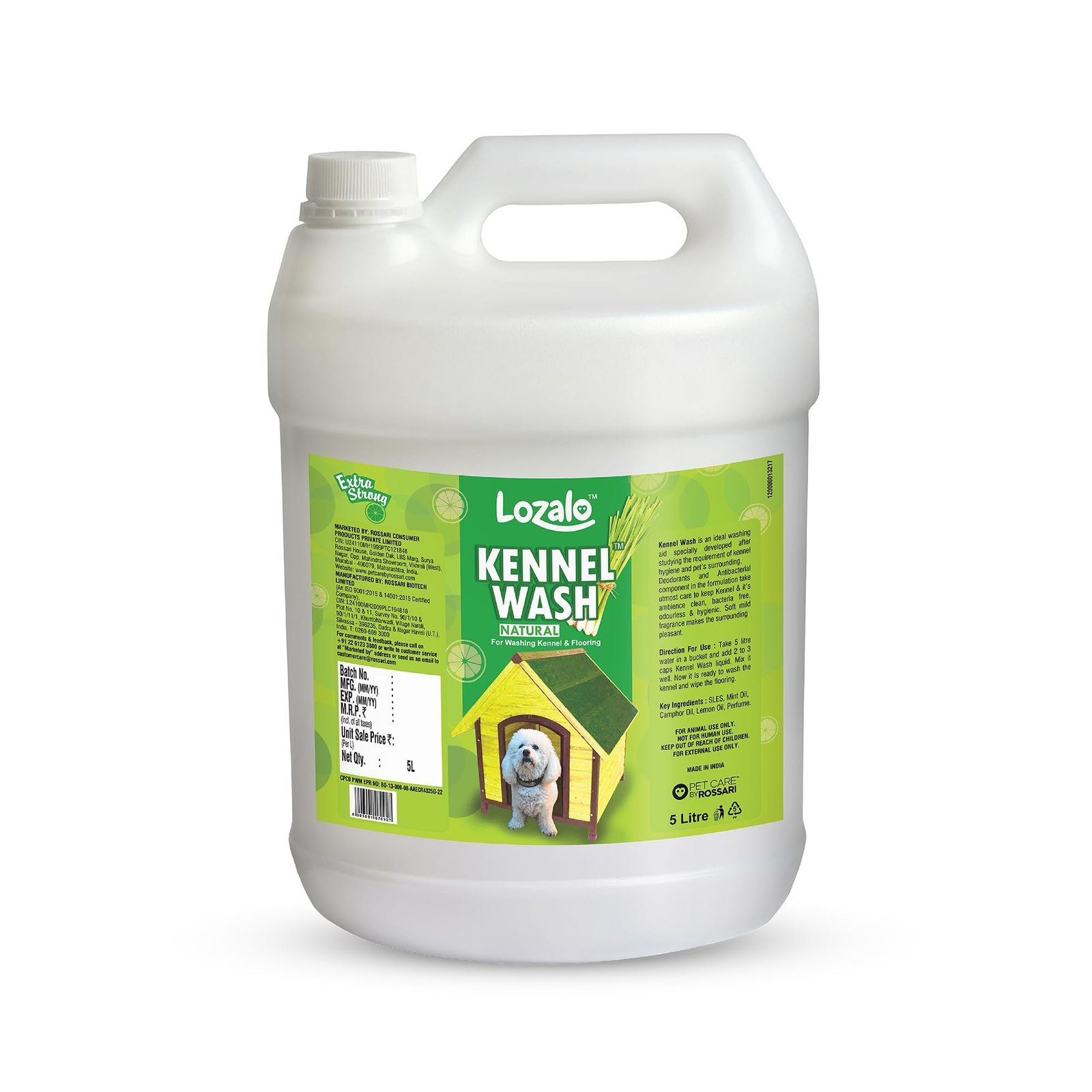 Lozalo Kennel Wash Liquid 5 Litre for Washing Dog Kennel & Flooring, Pet Shops, Veterinary Clinics & Grooming Salons (Green)