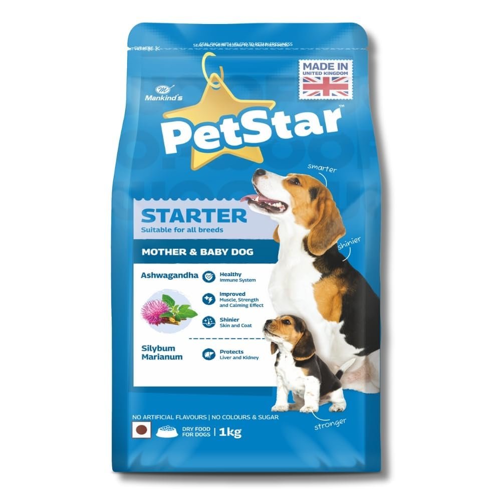 Mankind PetStar Starter Dry Dog Food (High Protein) for Mother & Puppy, 1kg Pack | Improves Muscle & Strength, Supports Immun