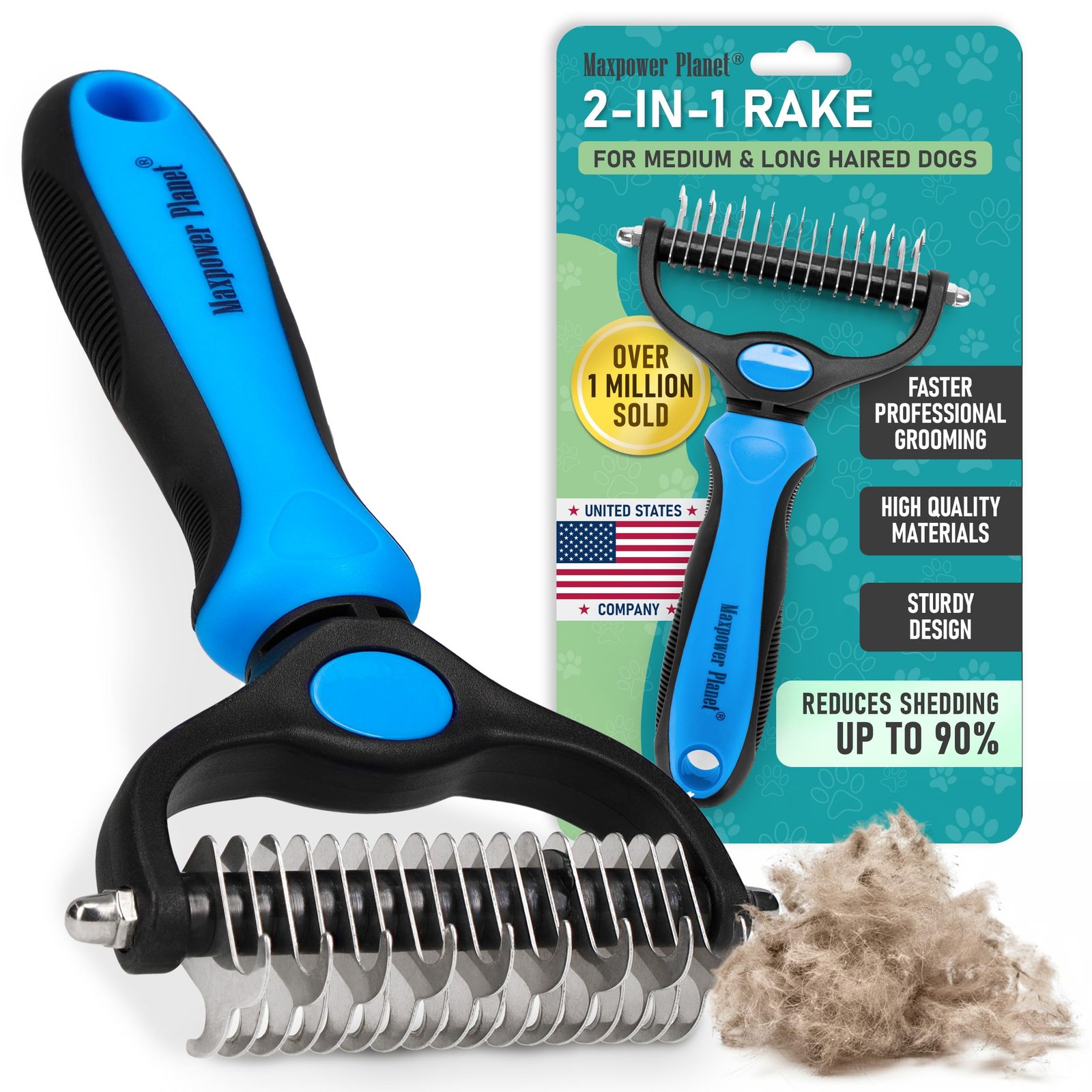 Maxpower Planet Pet Grooming Brush - Double Sided Shedding and Dematting Undercoat Rake Comb for Dogs and Cats with Long Hair