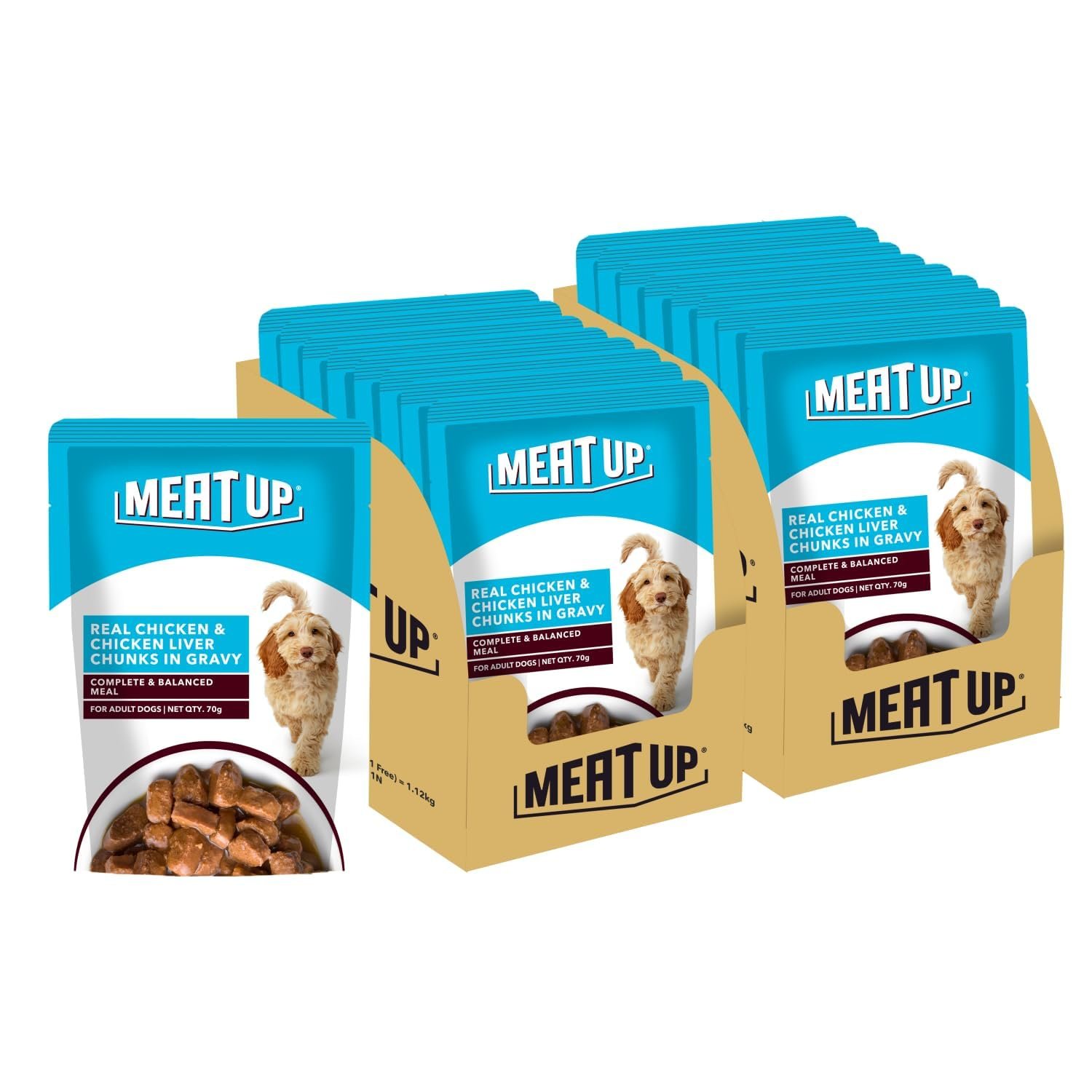 Meat Up Adult Wet Dog Food, 16 Pouches × 70g, Total 1.12kg | Real Chicken in Gravy | Healthy Digestion | Promotes Health & Vi