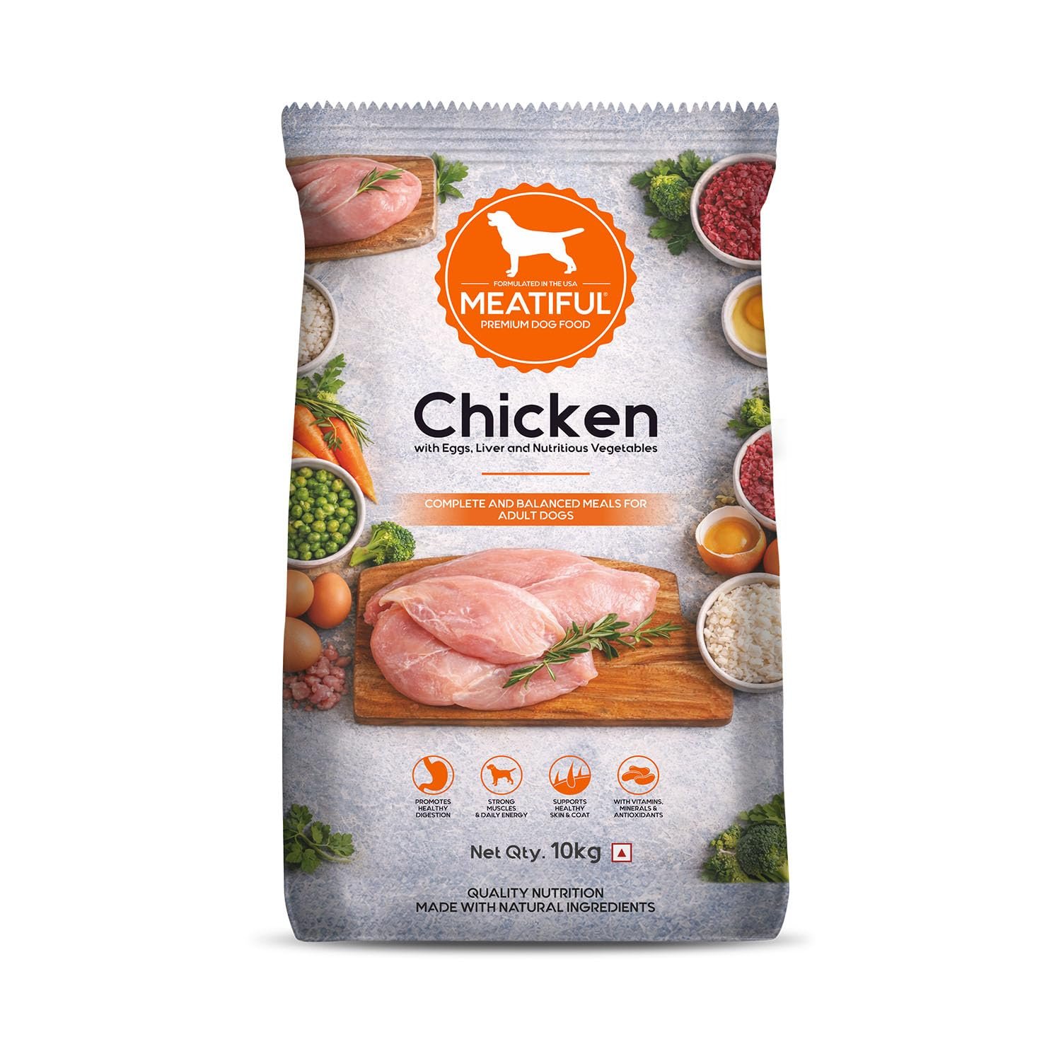 Meatiful Adult Dry Dog Food 10kg | Chicken Flavour | Supports Strong Bones & Teeth | Boost Immune System | Healthy Skin & Coa