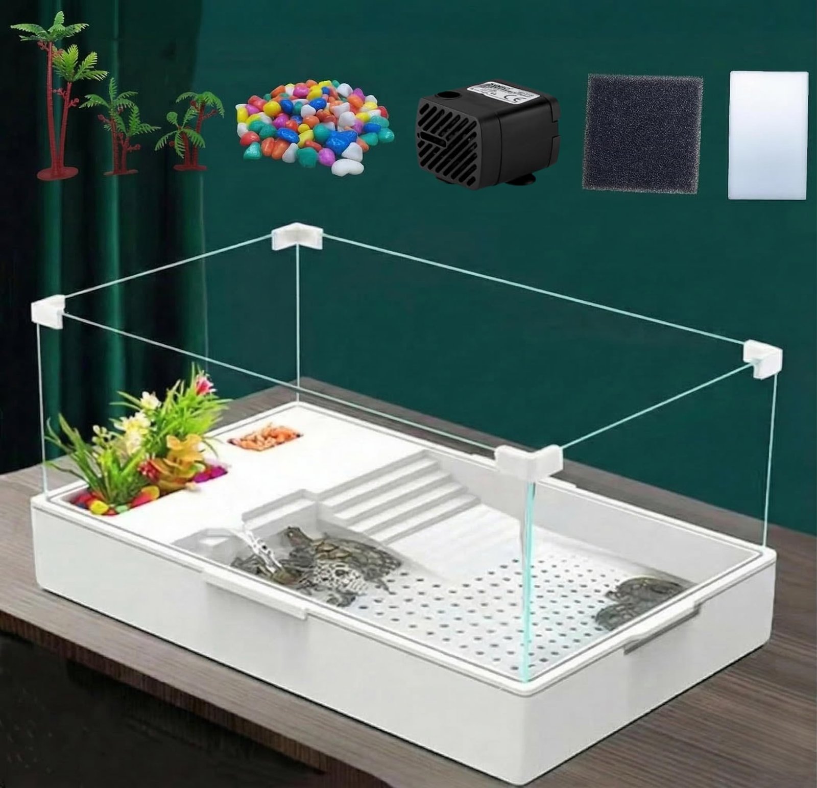Medium Turtle Tank with Water Pump | Clear Acrylic Aquarium Habitat with Basking Platform, Easy-Clean Design for Baby Turtles