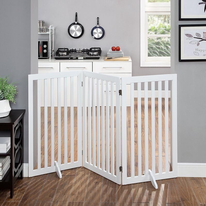 MENIFY | Freestanding Pet and Small Baby Gate, Wooden Folding Dog Barrier, Room Divider for Home, Indoor Safety Fence (White,