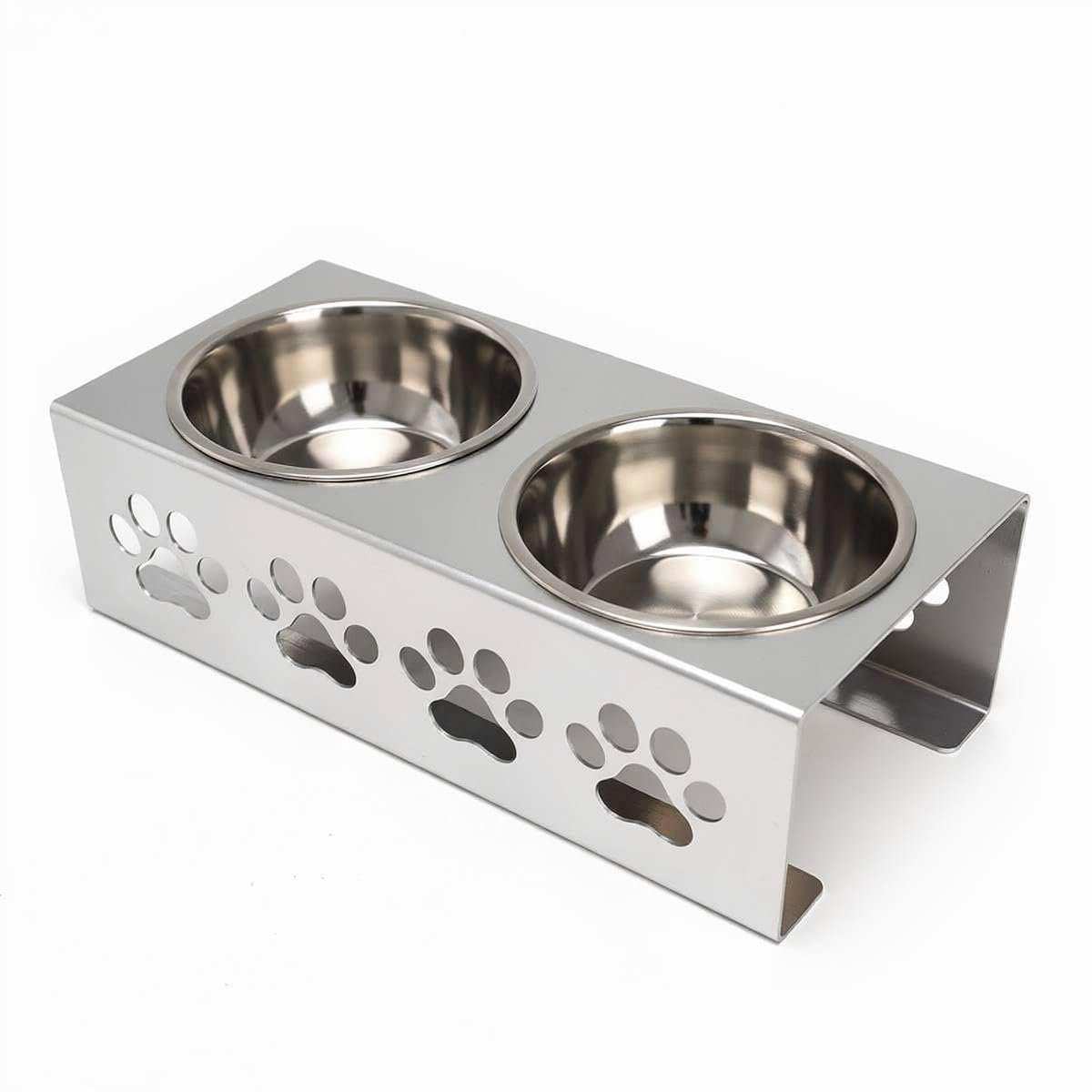 Metal Silver Stylish Dog Bowl Stand | 2 Stainless Steel Bowls for Raised Dogs & Cats | Elevated Dog Food Removable Bowls | Pe