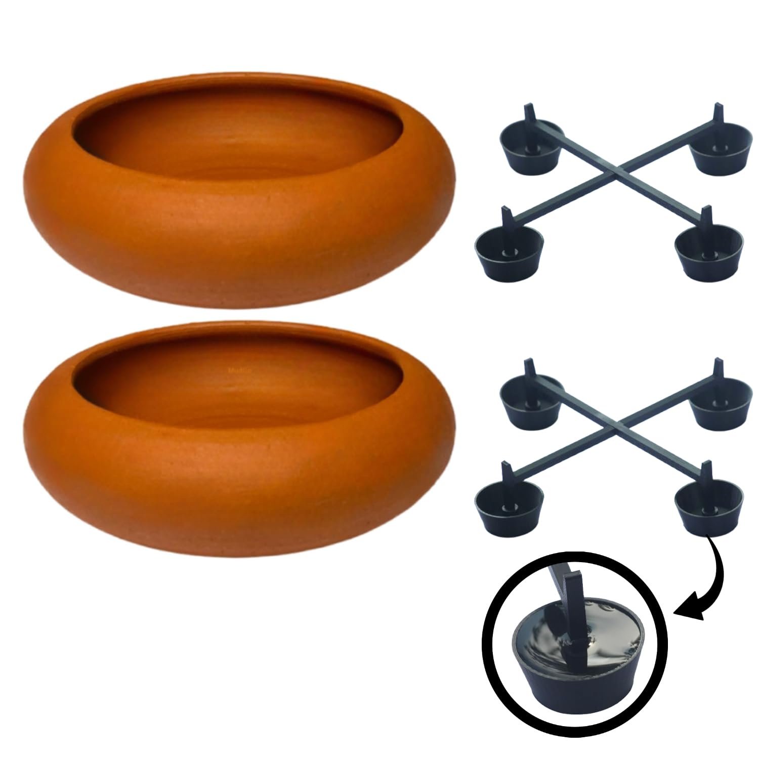 MUDGO Terracotta Bird Feeders | Clay/Mud Feeding Bowl for Caged Birds |Water Food Feeding Tray| Outdoor | Stand with Water Fi