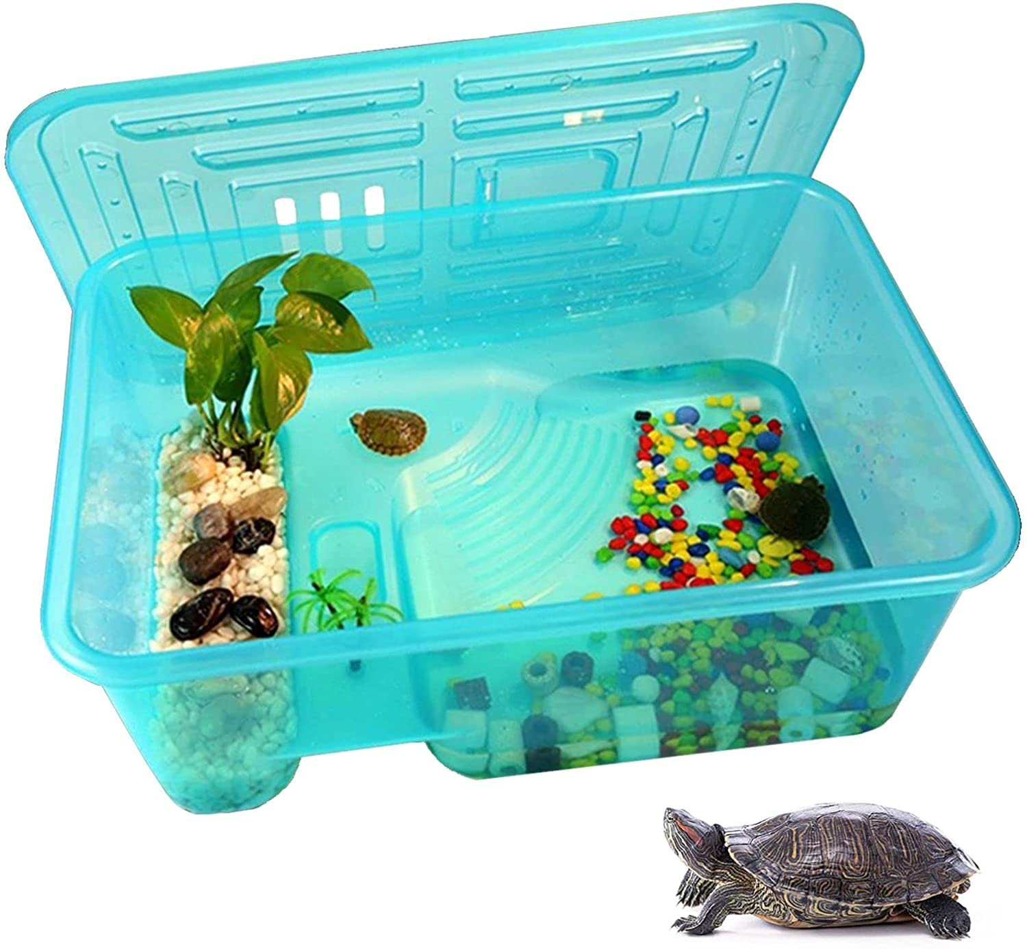 NATLIS Turtle Aquarium Tank, Reptile Habitat, Terrapin Lake, Basking, Swimming, Breeding, Hibernation, Feeding, Platform for