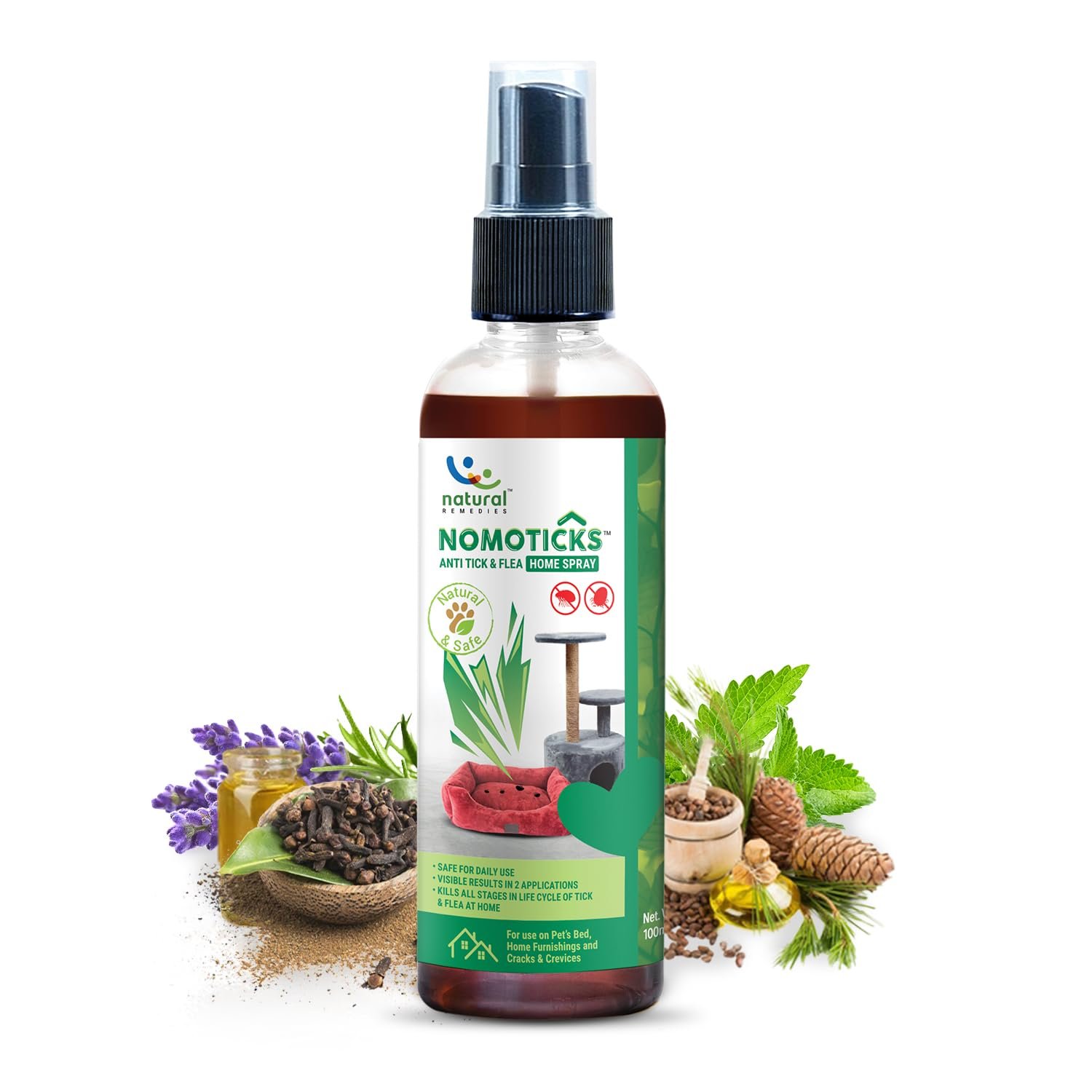 Natural Remedies Nomoticks Anti-Tick & Flea Home Spray, Kills Ticks & Fleas for Pet Beds, Furniture & Cracks, Fast-Drying, No