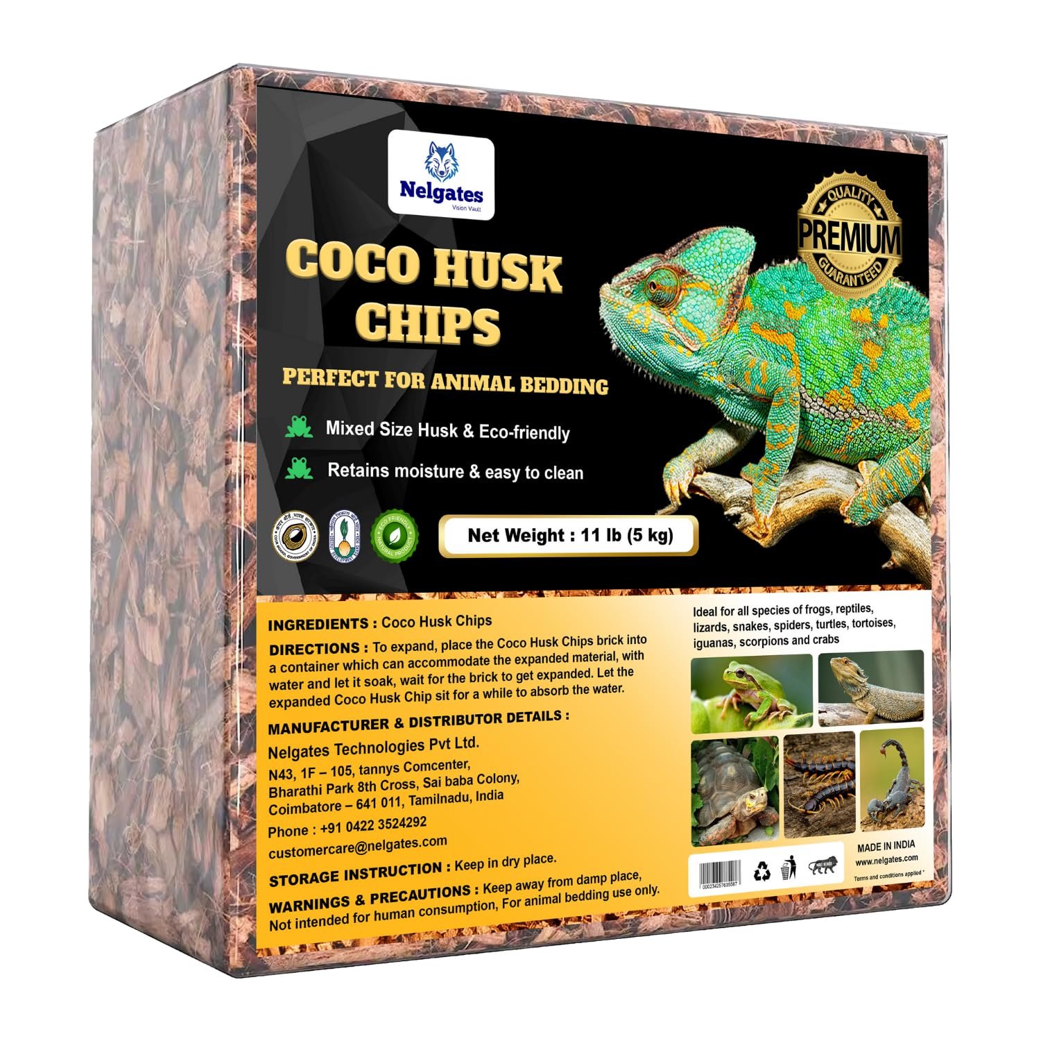 Nelgates Coconut Husk for Reptiles Bedding Coco Coir Chips Terrarium Substrate for Ball Python Frog Snake Turtles, Gecko Herm