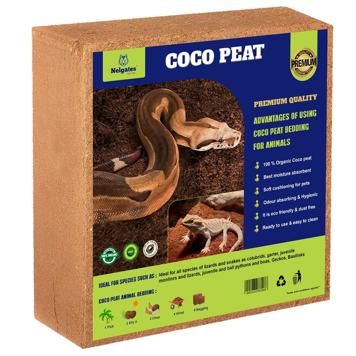 Nelgates Reptile Bedding 1kg Coco peat Block for Snake Habitat, Ball Python Terrarium, Turtle Tanks, Tortoise Enclosure