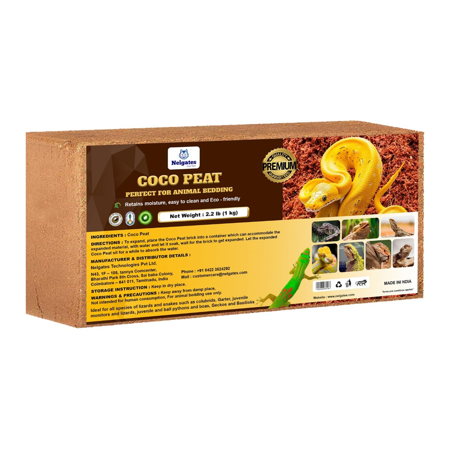 Nelgates Reptile Bedding 1kg Organic Coco peat Block for Snake, Lizards, Ball Python Terrarium, Turtle Tanks, Tortoise Enclos