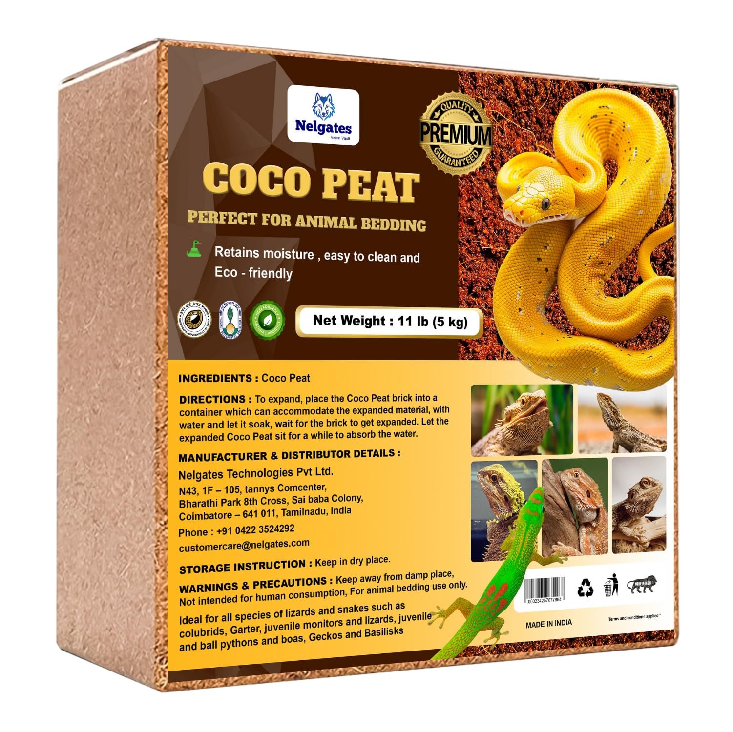 Nelgates Reptile Bedding Organic Coco peat Block for Snake Habitat, Ball Python Terrarium, Turtle Tanks, Enclosure (5kg)
