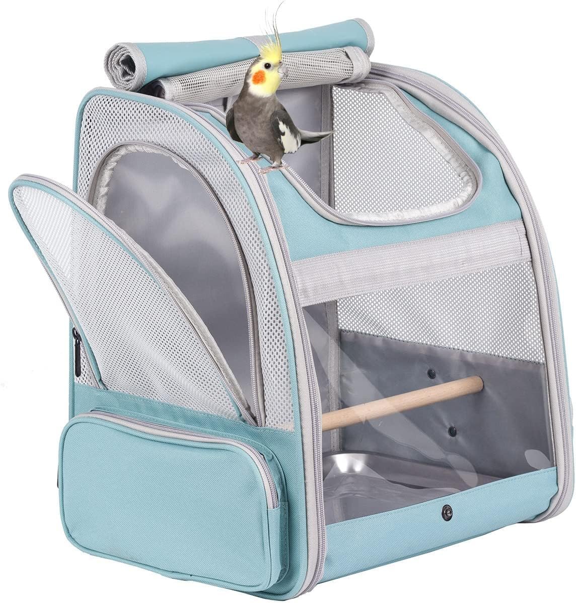 ORIZZP Bird Backpack Carrier with Stand Perch, Bird Travel Backpack for Hiking, Airline Approved Green Bird Backpack