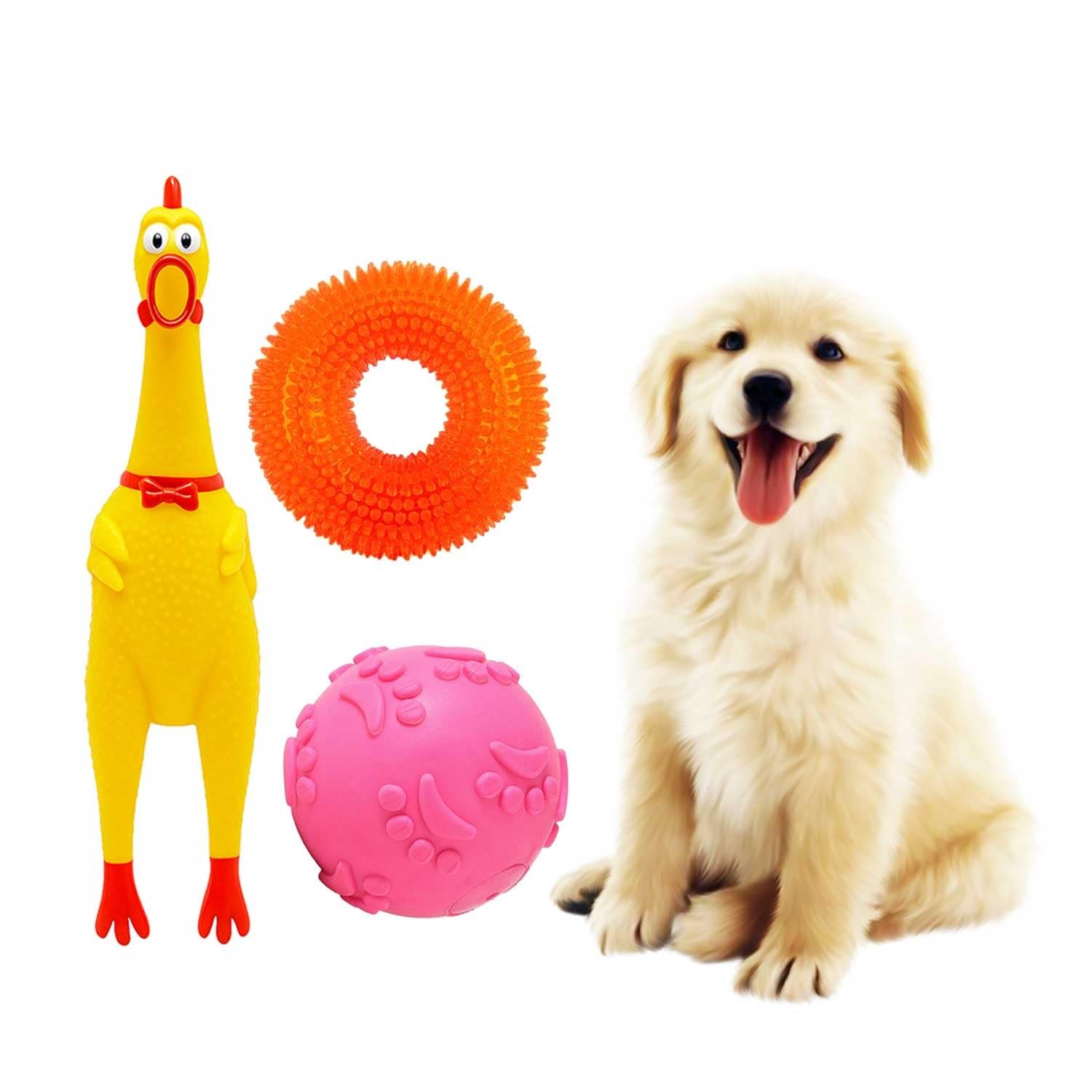 Pawbabas Dog Toy Combo Pack of 3 | Squeaky Rubber Chicken | Durable Spiky Chew Ring | Squeaky Ball | Interactive Play, Teethi