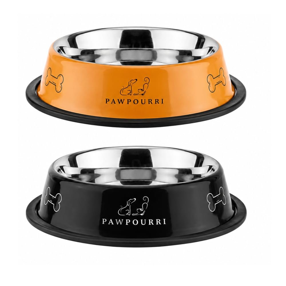 PAWPOURRI Combo of Anti-Skid Feeding Bowls for Dogs, Cats & Puppy Pet Bowl Pack 2 Stainless Steel Pet Bowl (700 ml Each, Blac